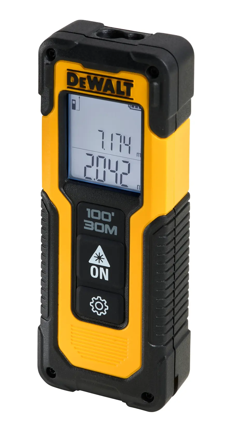 Télémètre laser DEWALT portable, affichage écran, portée 30 m, corps noir et jaune.