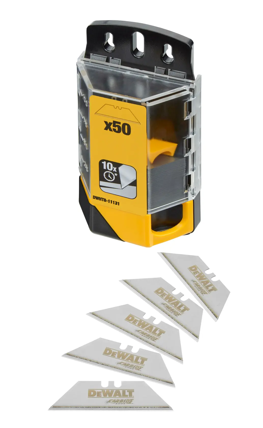 DEWALT DWHT8-11131 lot de 50 lames avec distributeur jaune et noir et cinq lames placées devant.
