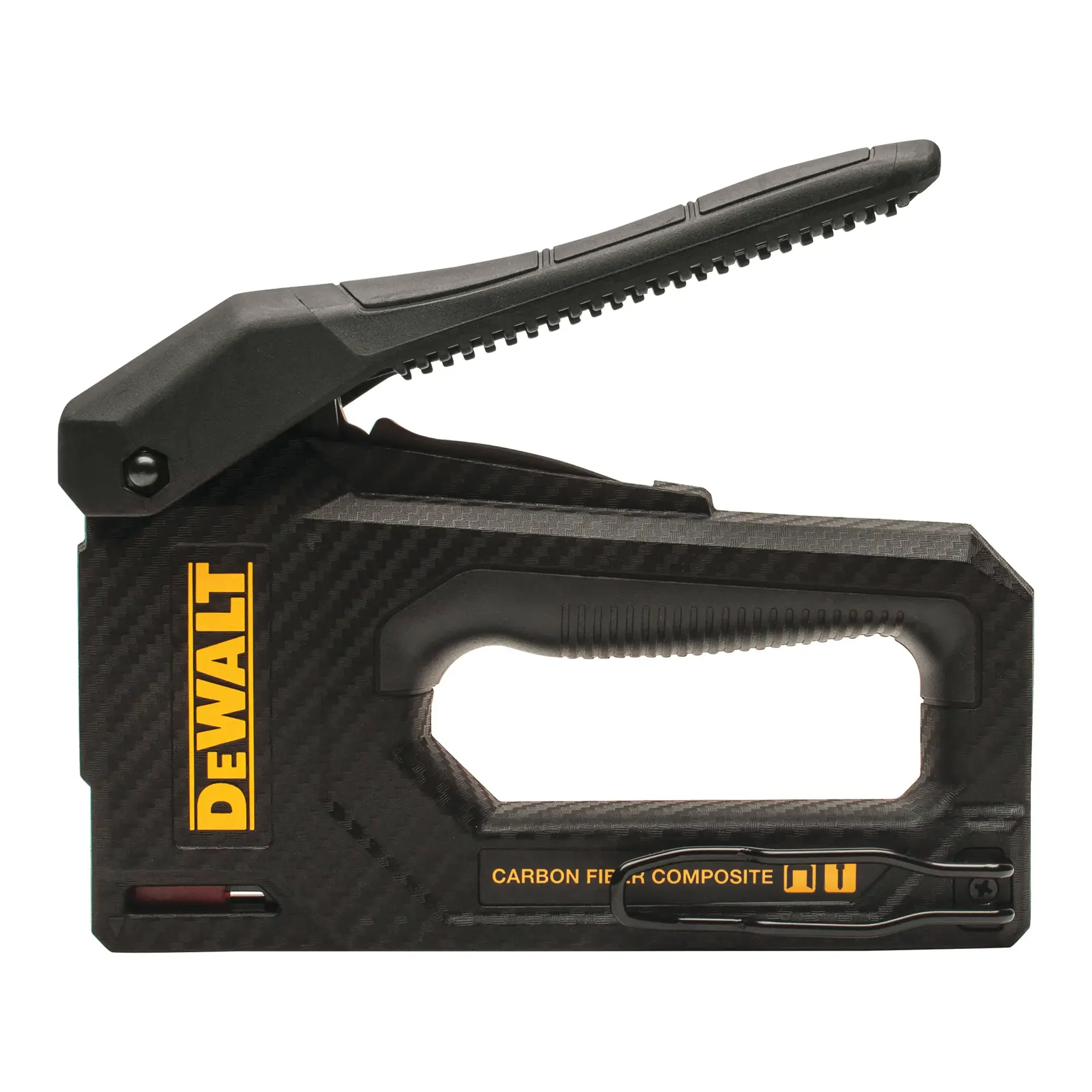 Agrafeuse DEWALT en fibre de carbone avec poignée ergonomique, clip latéral et logo jaune.