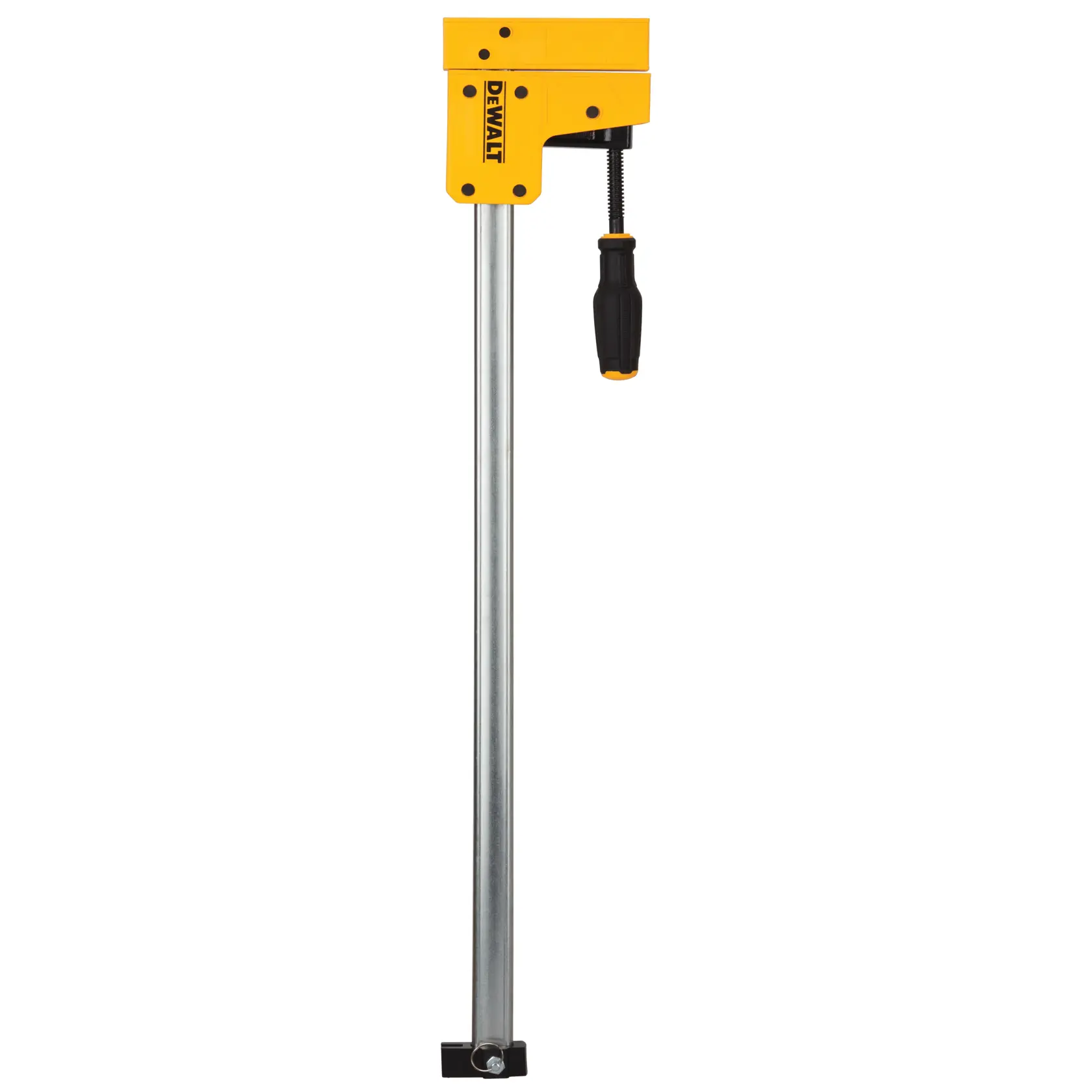 Un serre-joint à barre DEWALT avec une poignée jaune et noire, utilisé pour fixer des matériaux lors de projets de menuiserie ou de construction.