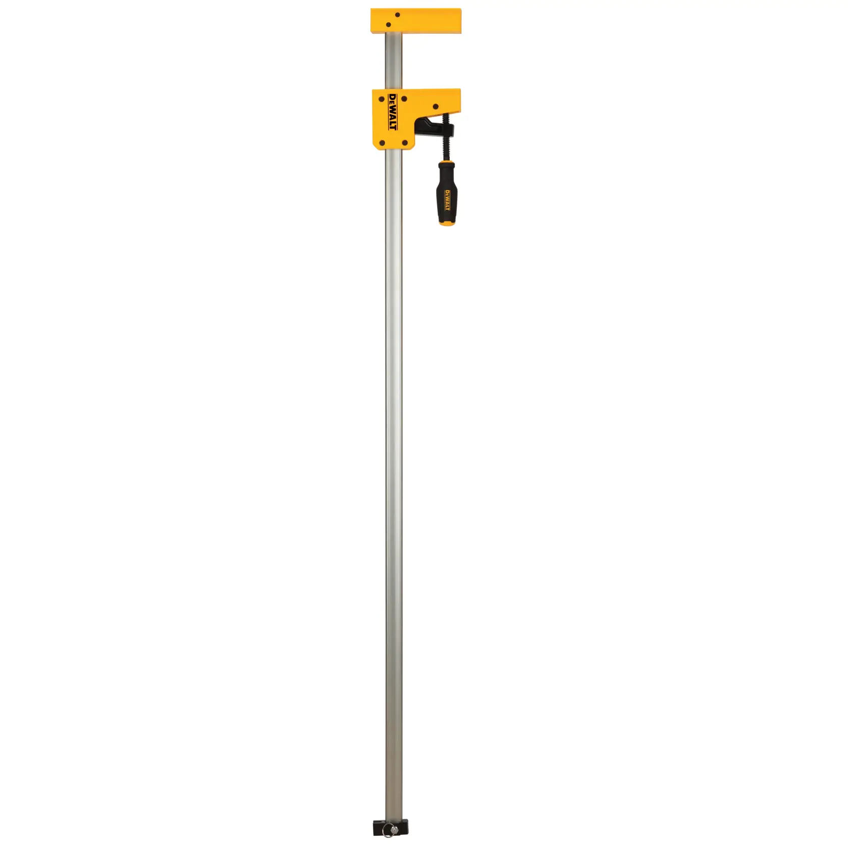 Un serre-joint à barre DEWALT avec une poignée jaune et une barre métallique, utilisé pour le travail du bois et la fixation des matériaux.