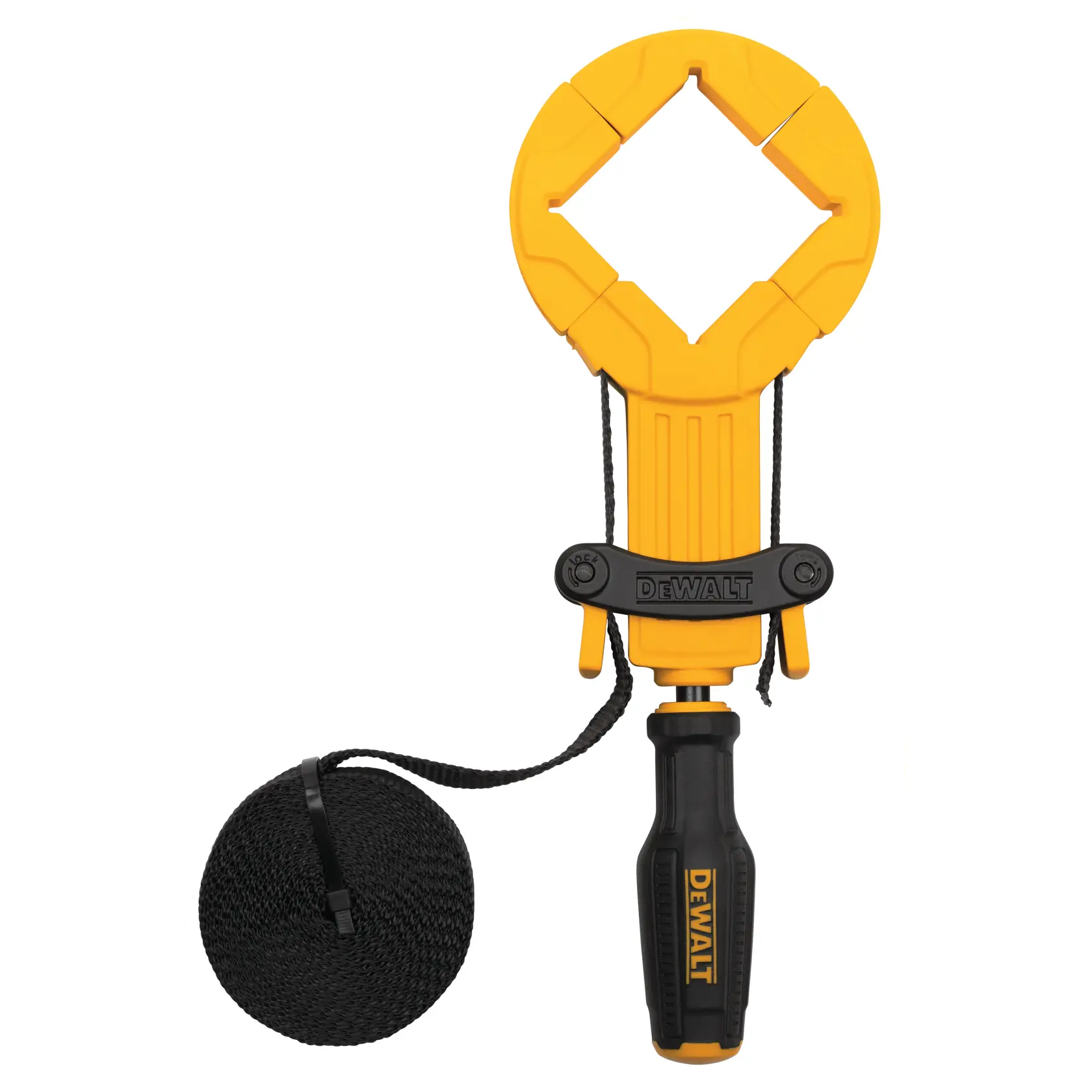 Outil pince photo DEWALT jaune et noir avec pince carrée et corde noire attachée.