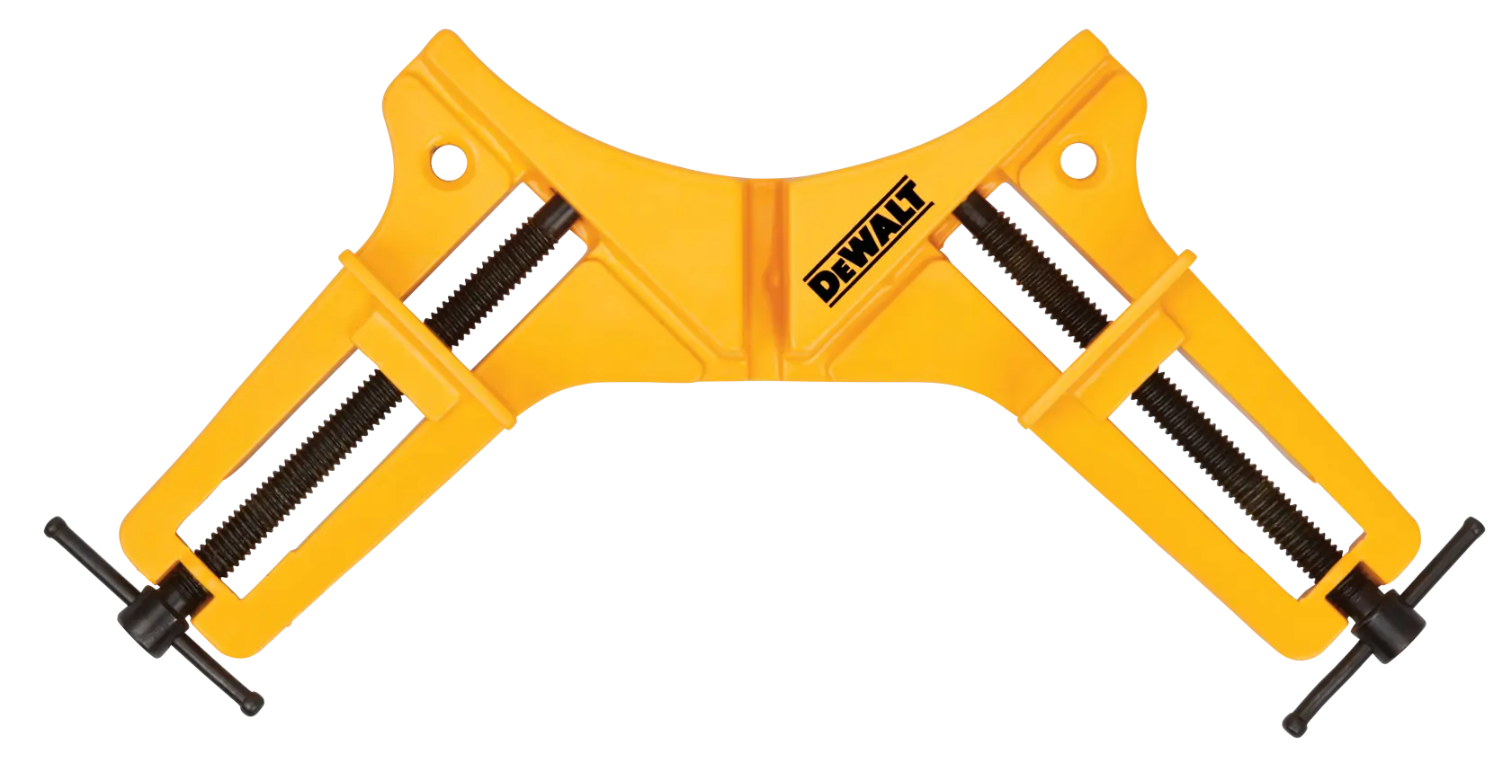 Un serre-joint d'angle jaune DEWALT conçu pour le travail du bois et pour maintenir des pièces ensemble à un angle de 90 degrés. Le serre-joint dispose de deux mécanismes à vis pour un serrage sécurisé et ajustable.