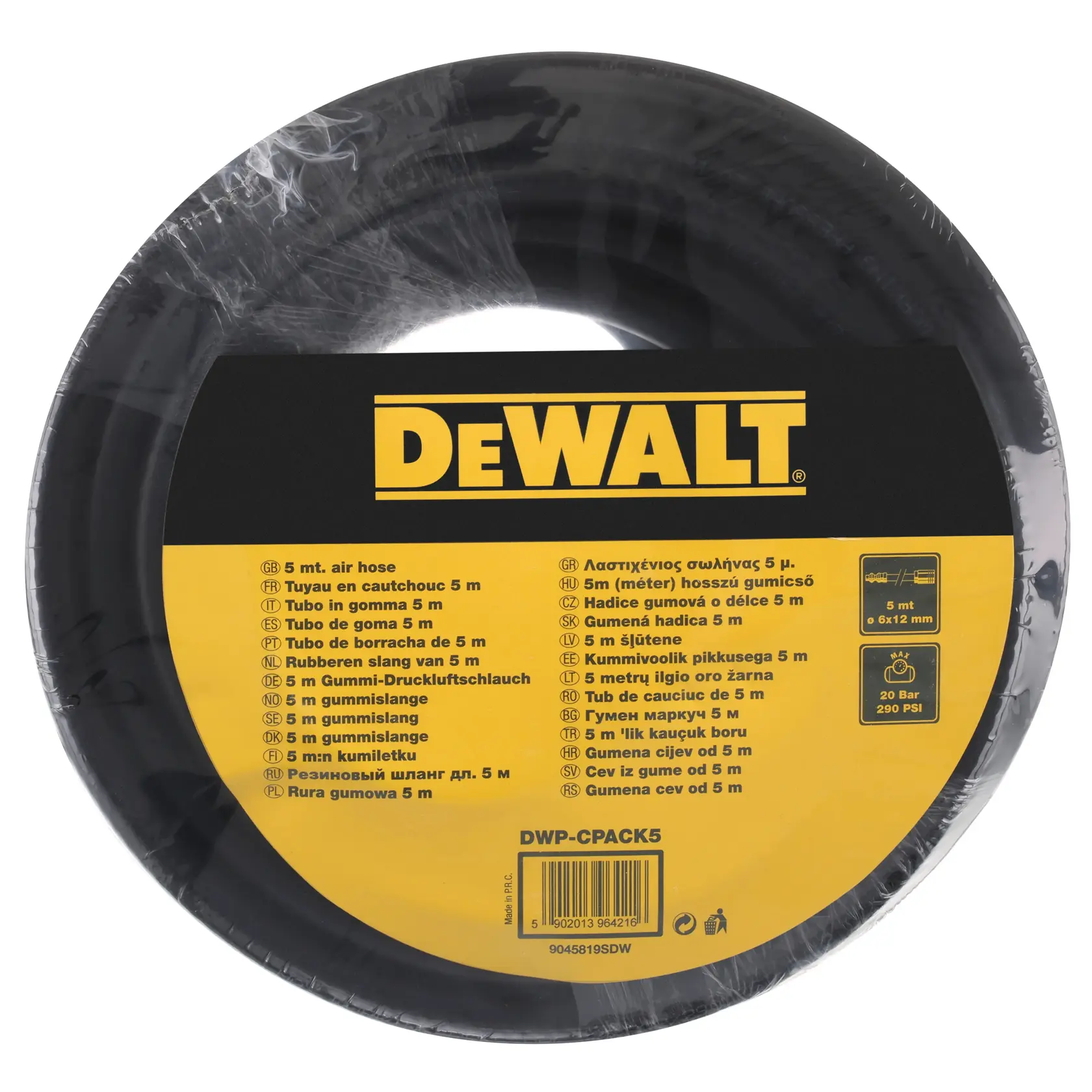 Manguera de aire de goma DEWALT 5m, enrollada y etiquetada en varios idiomas. Modelo: DWP-CPACK5.