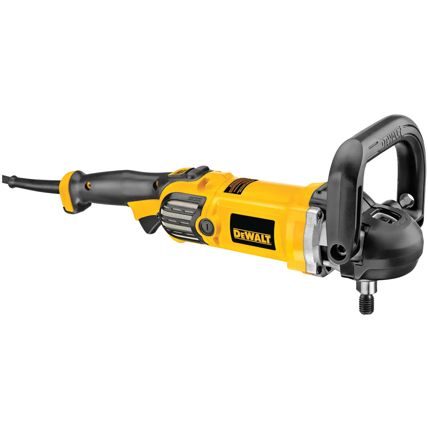 Una pulidora de velocidad variable DEWALT DWP849X con cuerpo amarillo y negro, con un mango lateral robusto, diseñada para tareas de pulido de precisión.