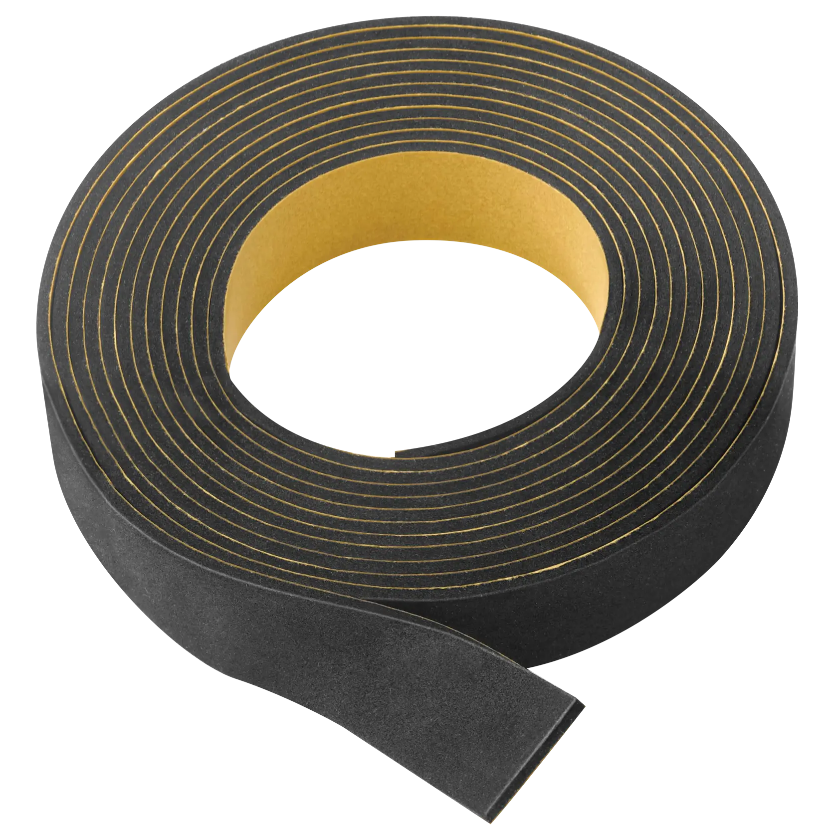 Rouleau de ruban mousse adhésif noir avec support jaune, utilisé pour isolation ou calfeutrage.