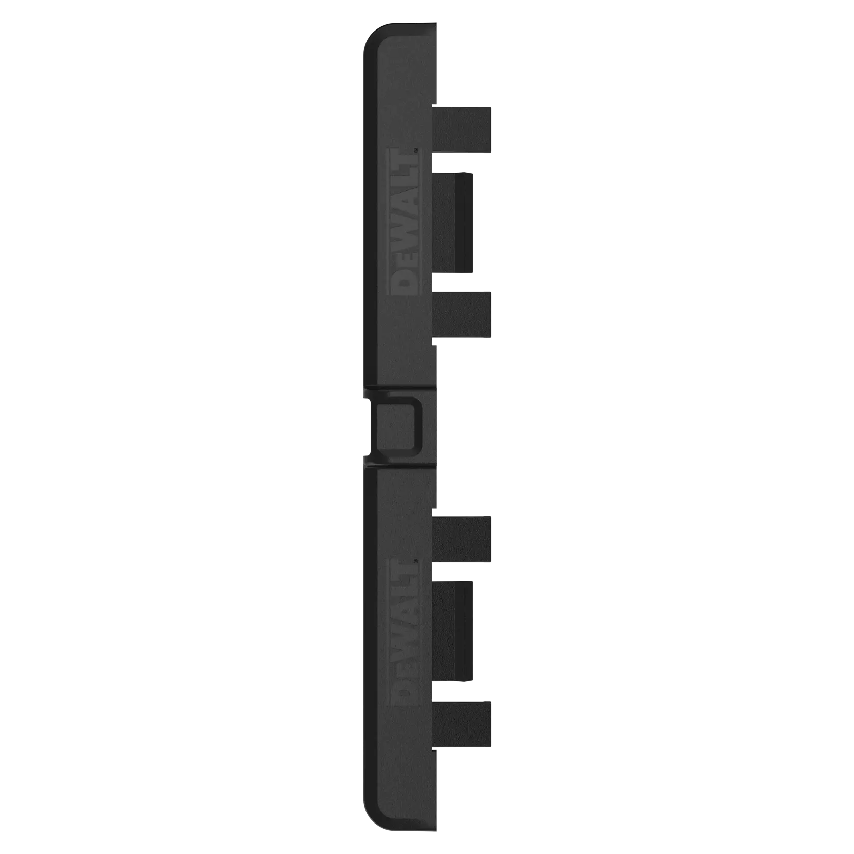 Accessoire photo DEWALT noir avec plusieurs languettes d'alignement, présenté verticalement sur fond blanc.