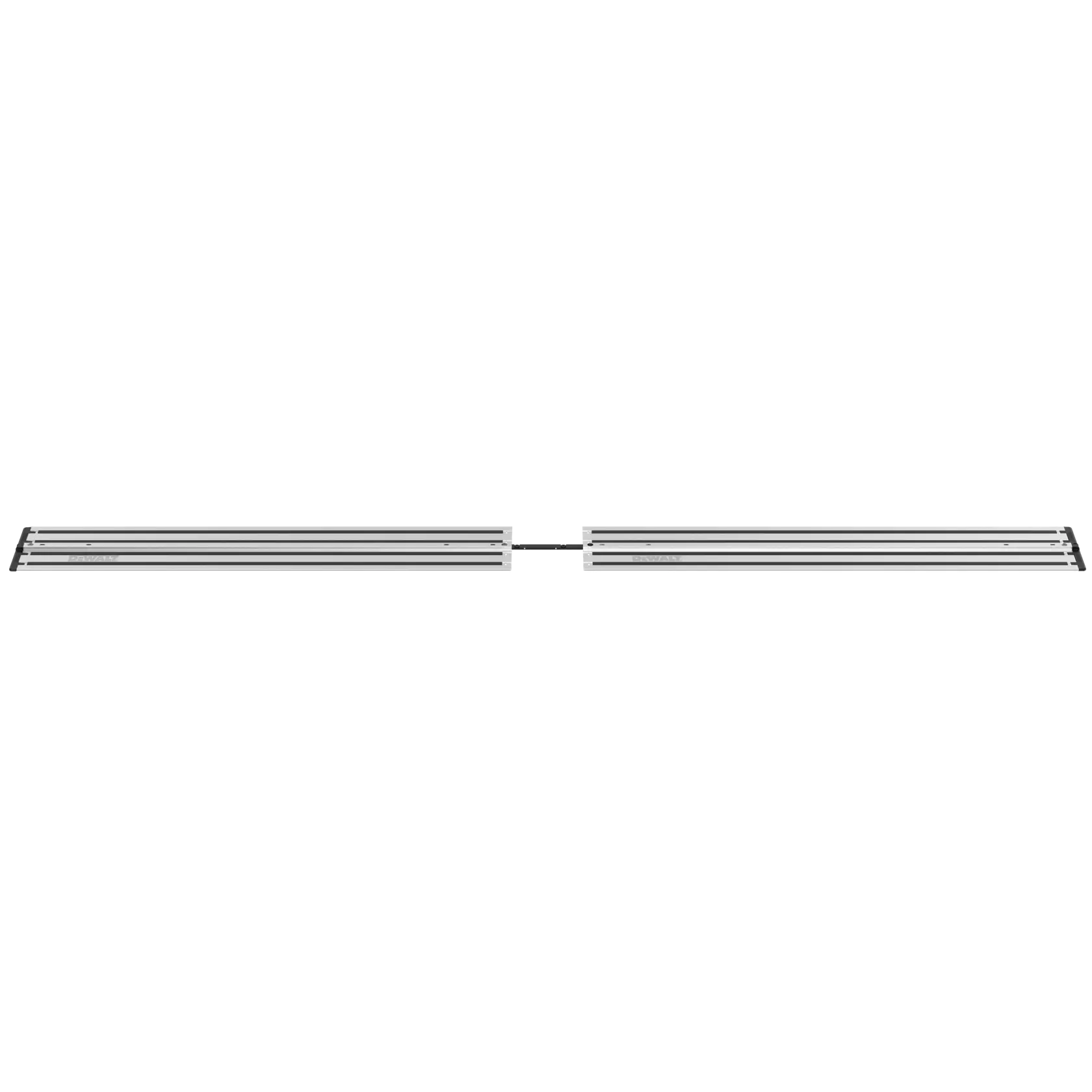 Deux rails de guidage en métal connectés pour aligner les outils avec précision, sur fond blanc.