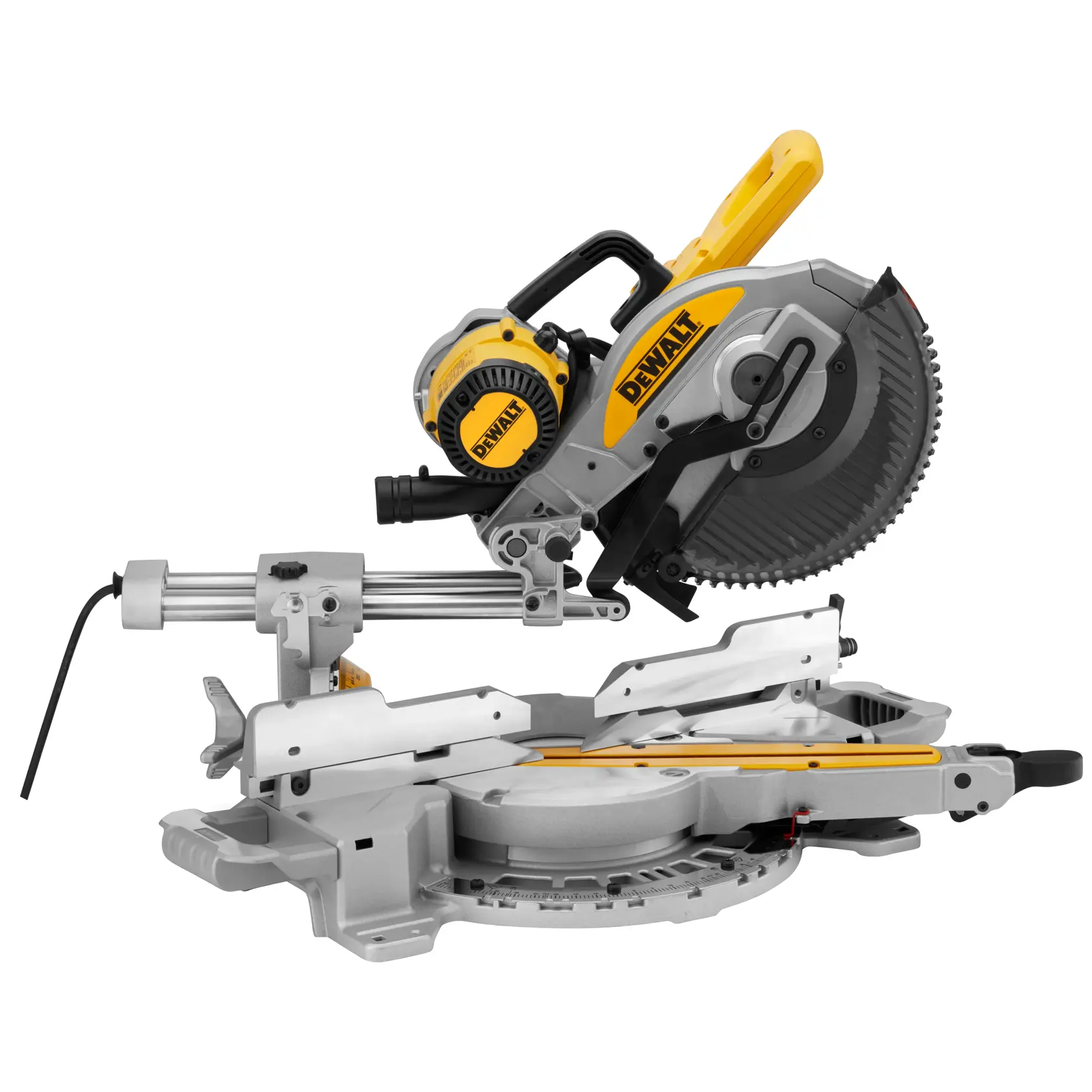 Scie à onglet radiale DEWALT avec poignée jaune et base argentée, adaptée au bois et à la coupe précise.