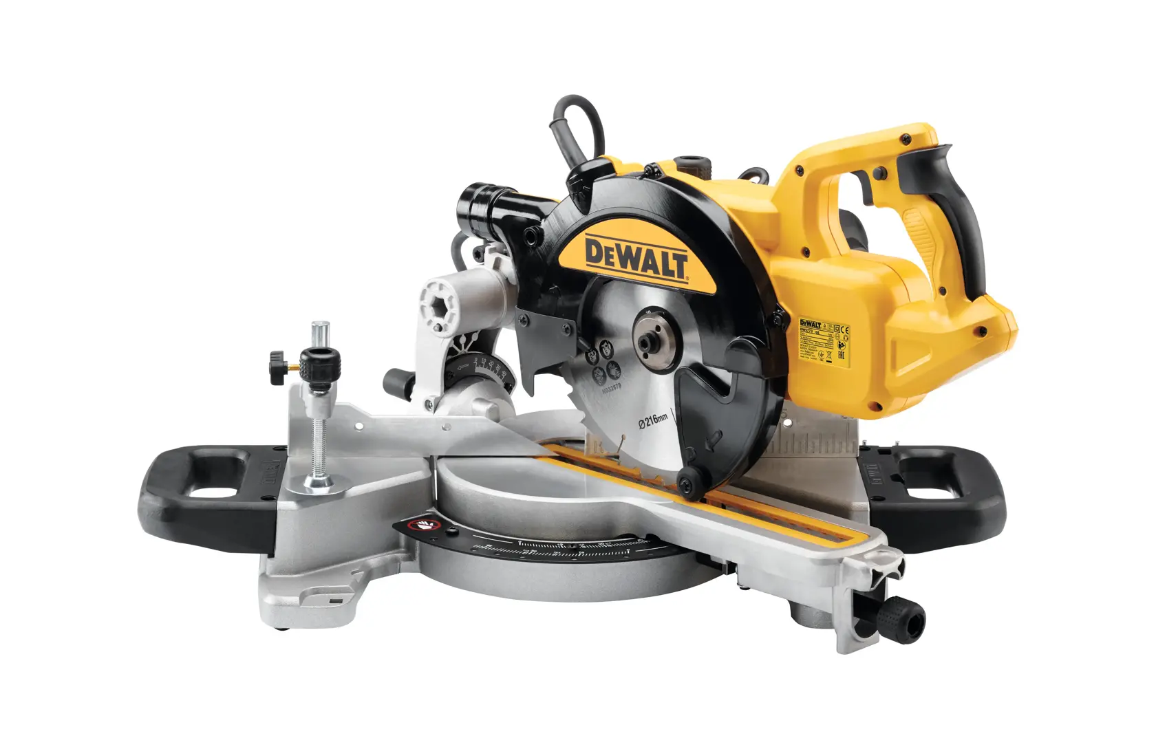 DEWALT DWS773 gelb-schwarze Kappsäge mit ergonomischem Griff und präziser Schnittführung.