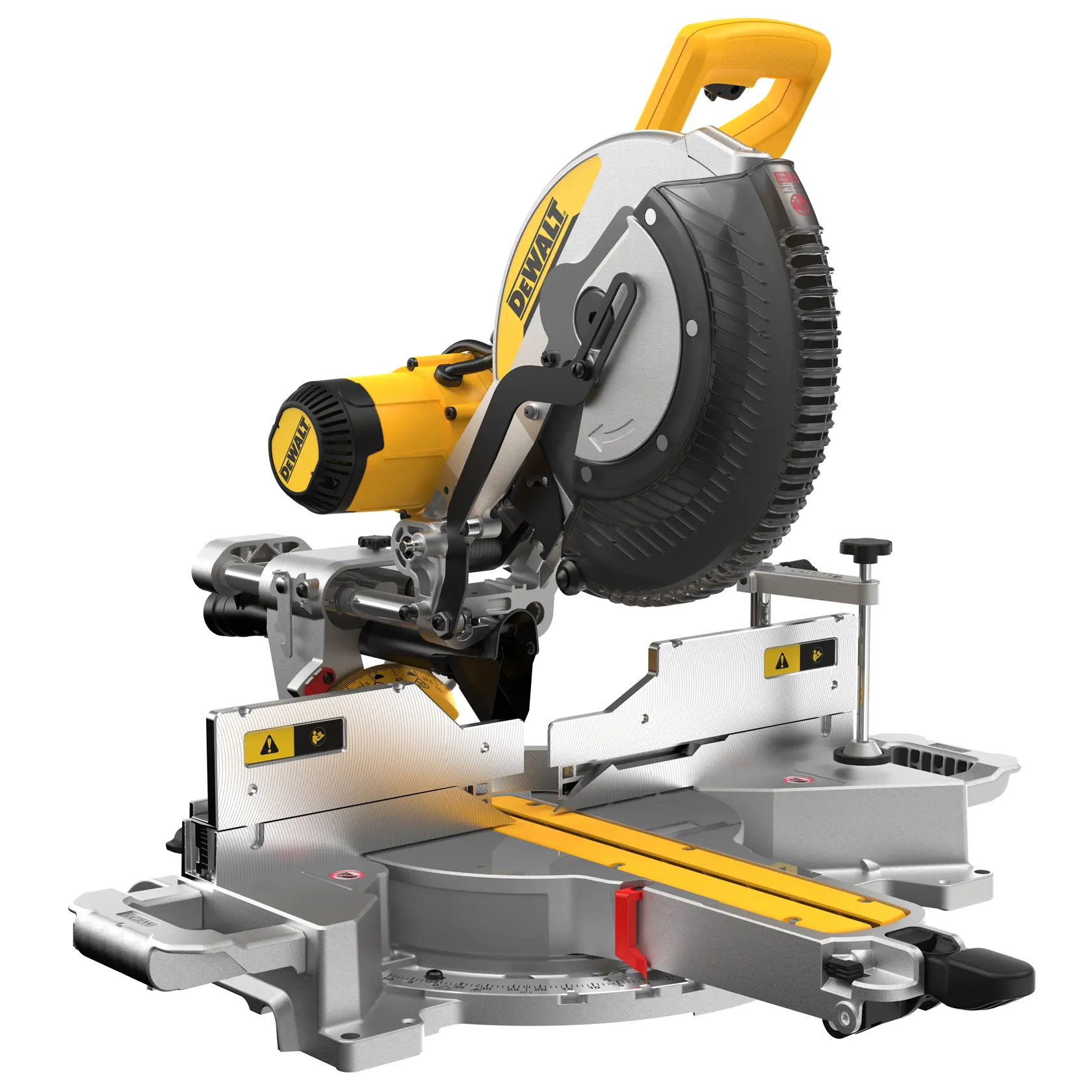 Scie à onglets DEWALT pour photographie, SKUs DWS780 et DWS780KIT, poignée jaune et protège-lame.