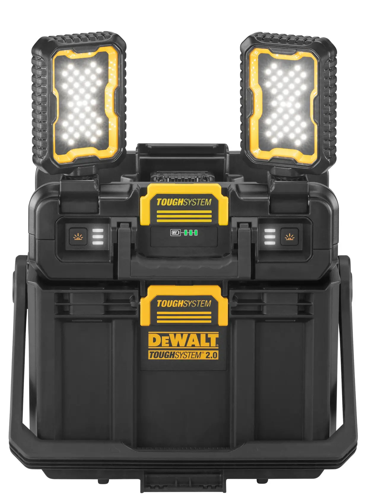 Boîte DEWALT ToughSystem 2.0 avec deux lampes LED montées, design noir et jaune.