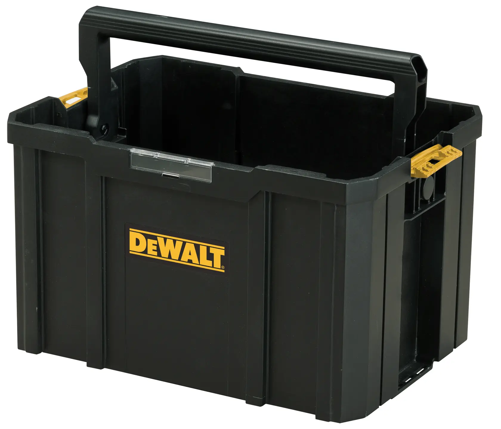 Boîte à outils DEWALT noire ouverte avec poignée, robuste pour rangement et transport.