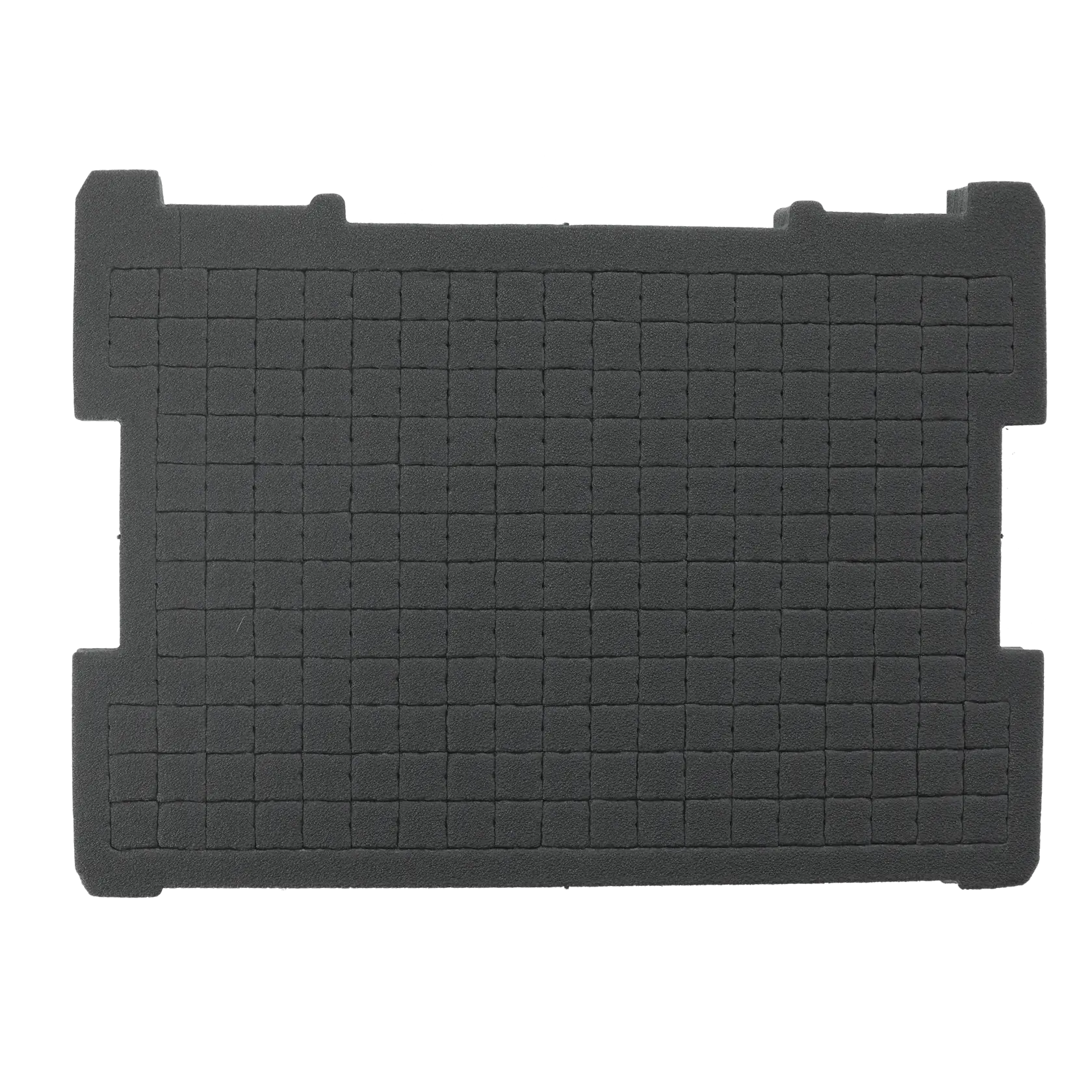 Inserto de espuma negra rectangular con patrón de cuadrícula para organizar y proteger cajas de herramientas.