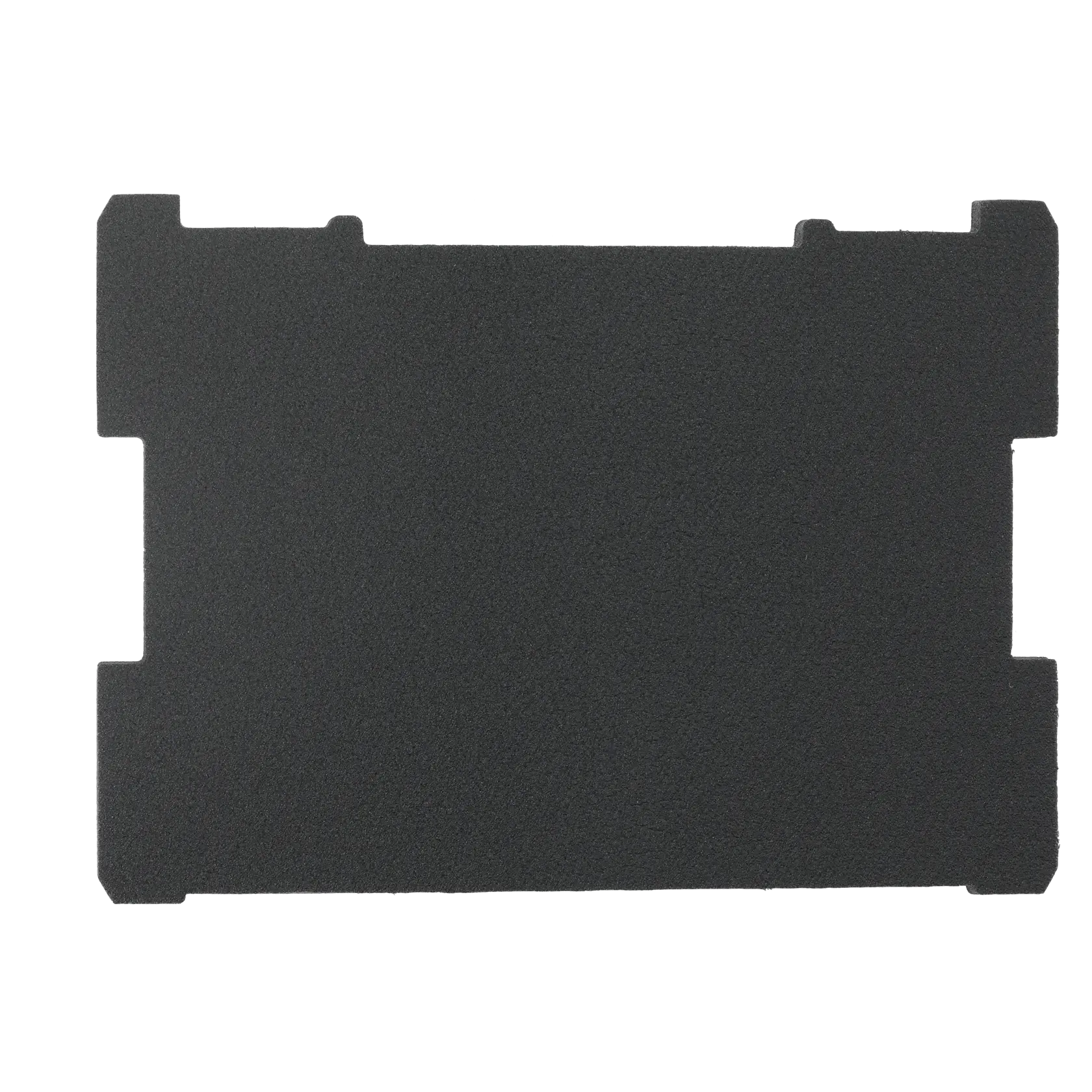 Inserto rectangular de espuma negra con bordes dentados, para almacenar o proteger herramientas.