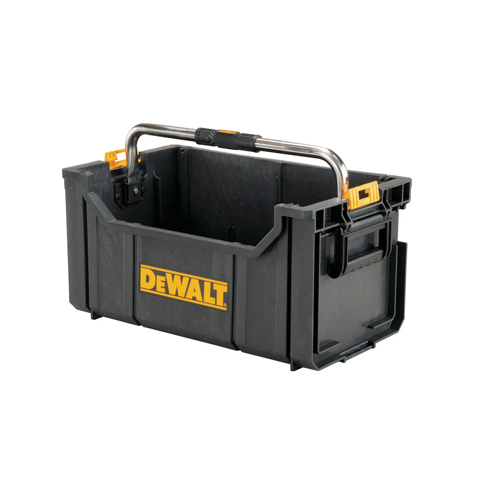 Schwarze DEWALT offene Werkzeugbox mit gelbem Logo und Metallgriff zum Tragen.