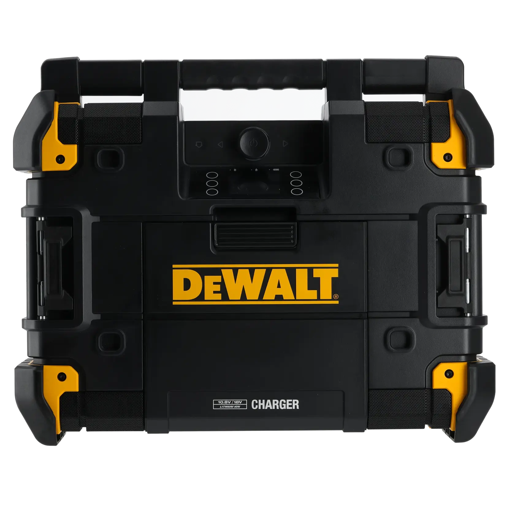DEWALT tragbarer schwarzer Werkzeugkasten mit gelben Akzenten und Ladegerät, robuster Griff oben.
