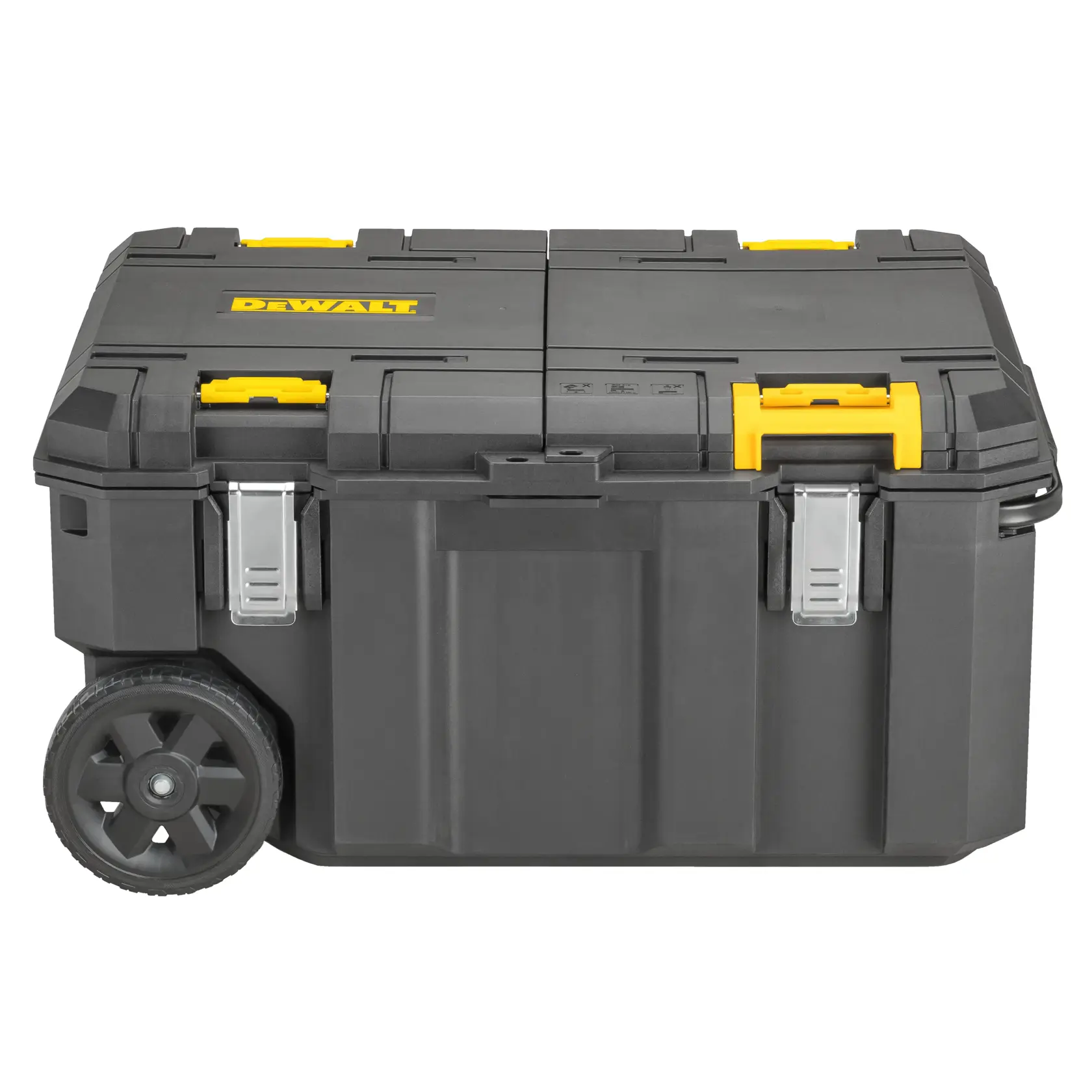 Grande boîte à outils DEWALT noire à roulettes, clips jaunes et fermetures métalliques, conçue pour le transport.