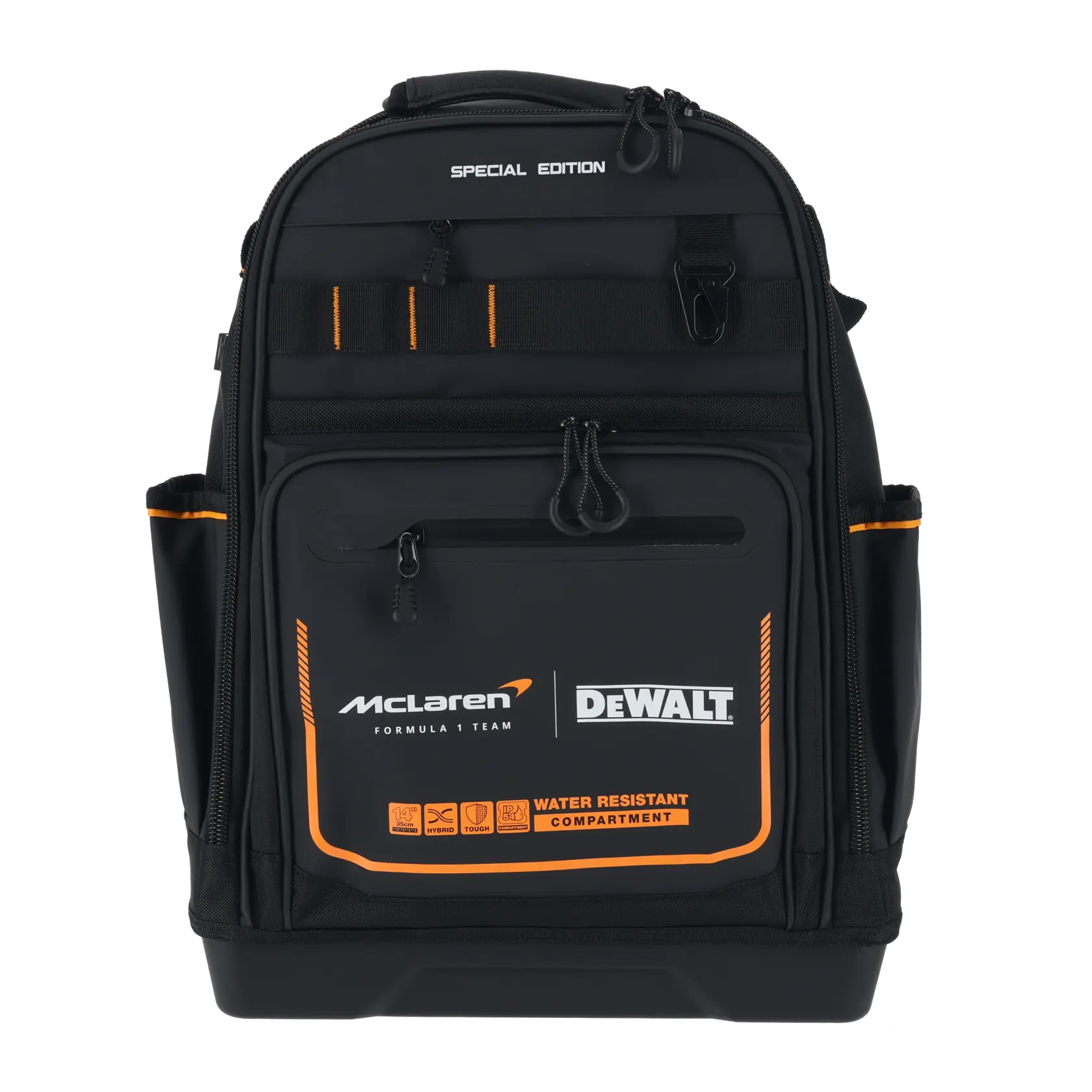Sac à dos DEWALT McLaren noir à détails orange, plusieurs compartiments, caractéristique résistante à l’eau.