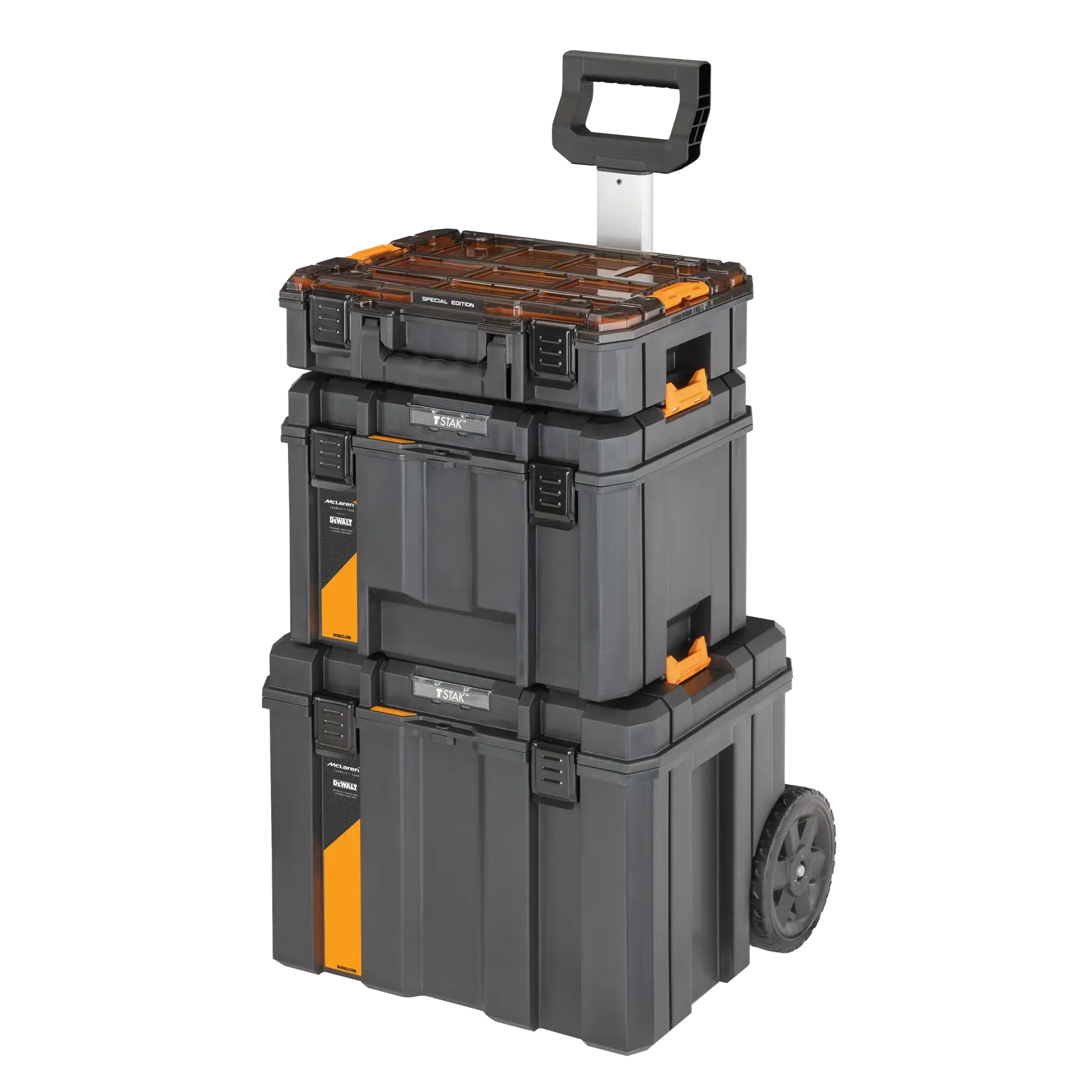 Coffres à outils DEWALT noirs et orange empilés, avec roues et poignée pour un transport facile.