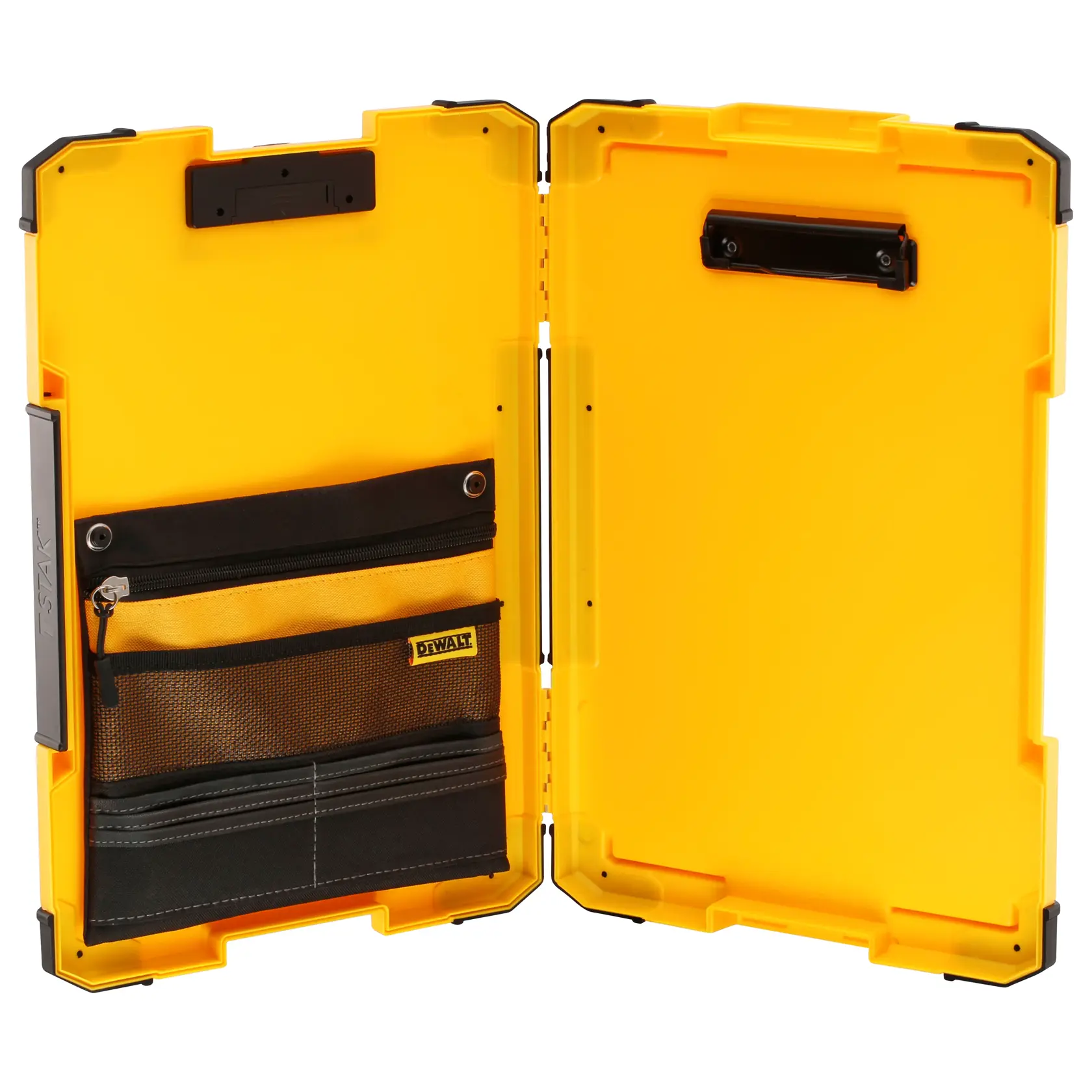 Estuche amarillo DEWALT abierto con bolsillos interiores y compartimentos para guardar y organizar.