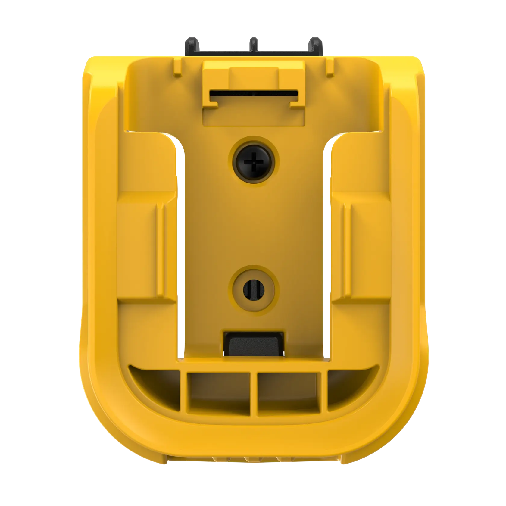 Gelbes DEWALT Batterieadapter-Zubehör aufrecht mit sichtbaren Montagepunkten, rechteckige Form.