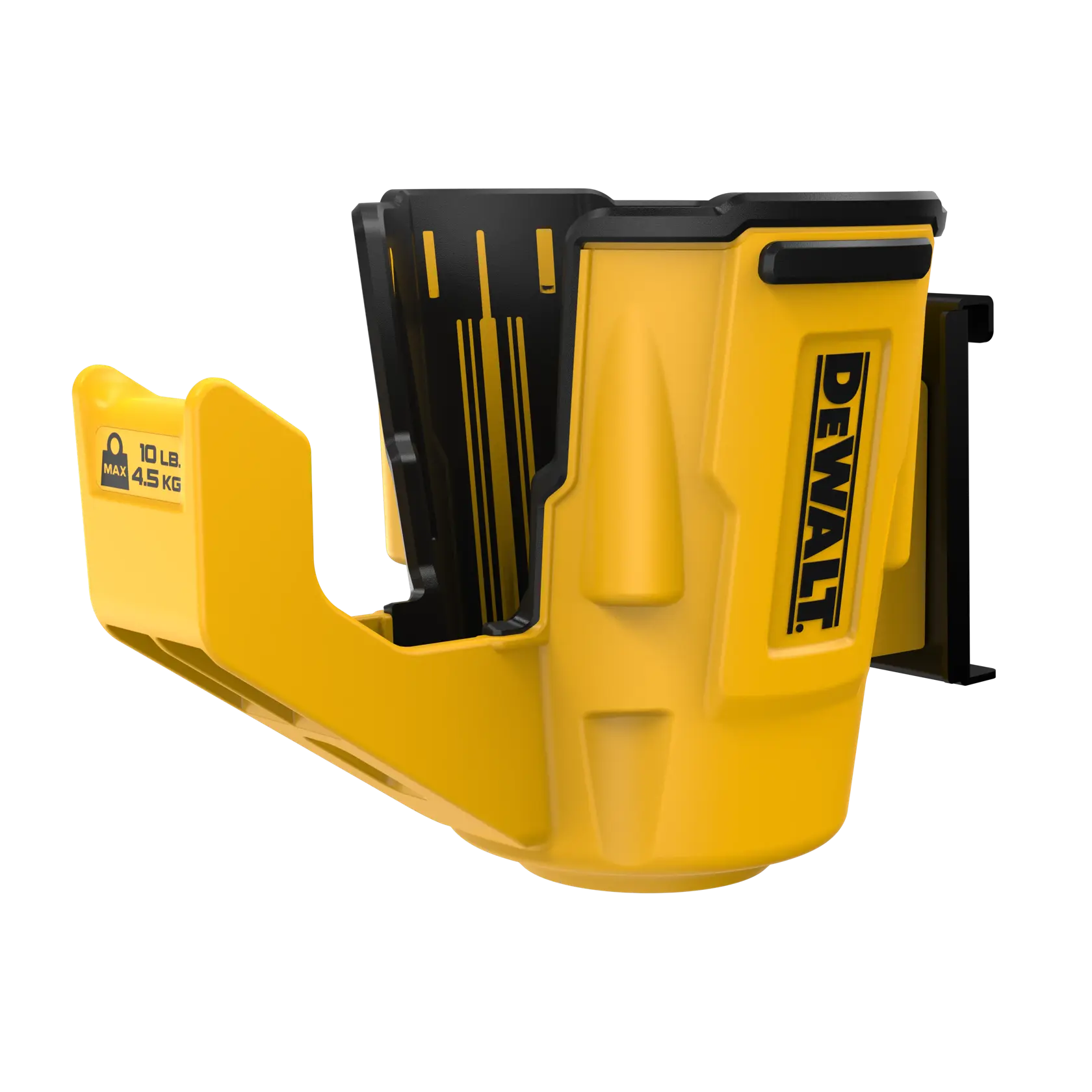 Support d’outil DEWALT jaune à accents noirs, montage mural, capacité max 10 lb.