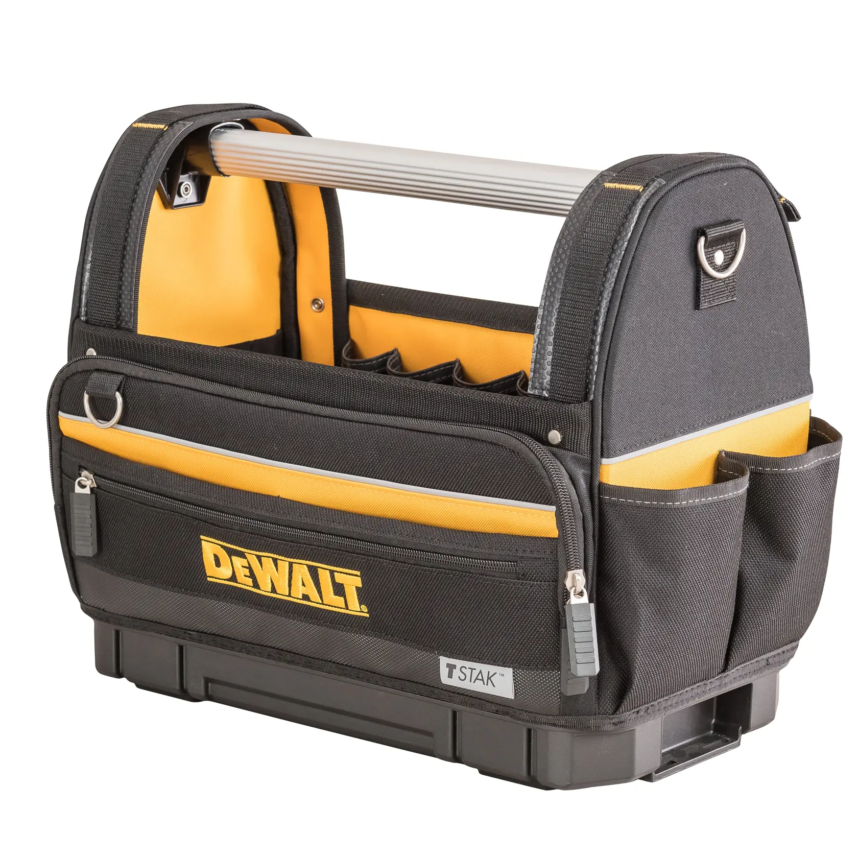 Sac à outils DEWALT noir et jaune avec poches, fermeture zippée et poignée en métal.