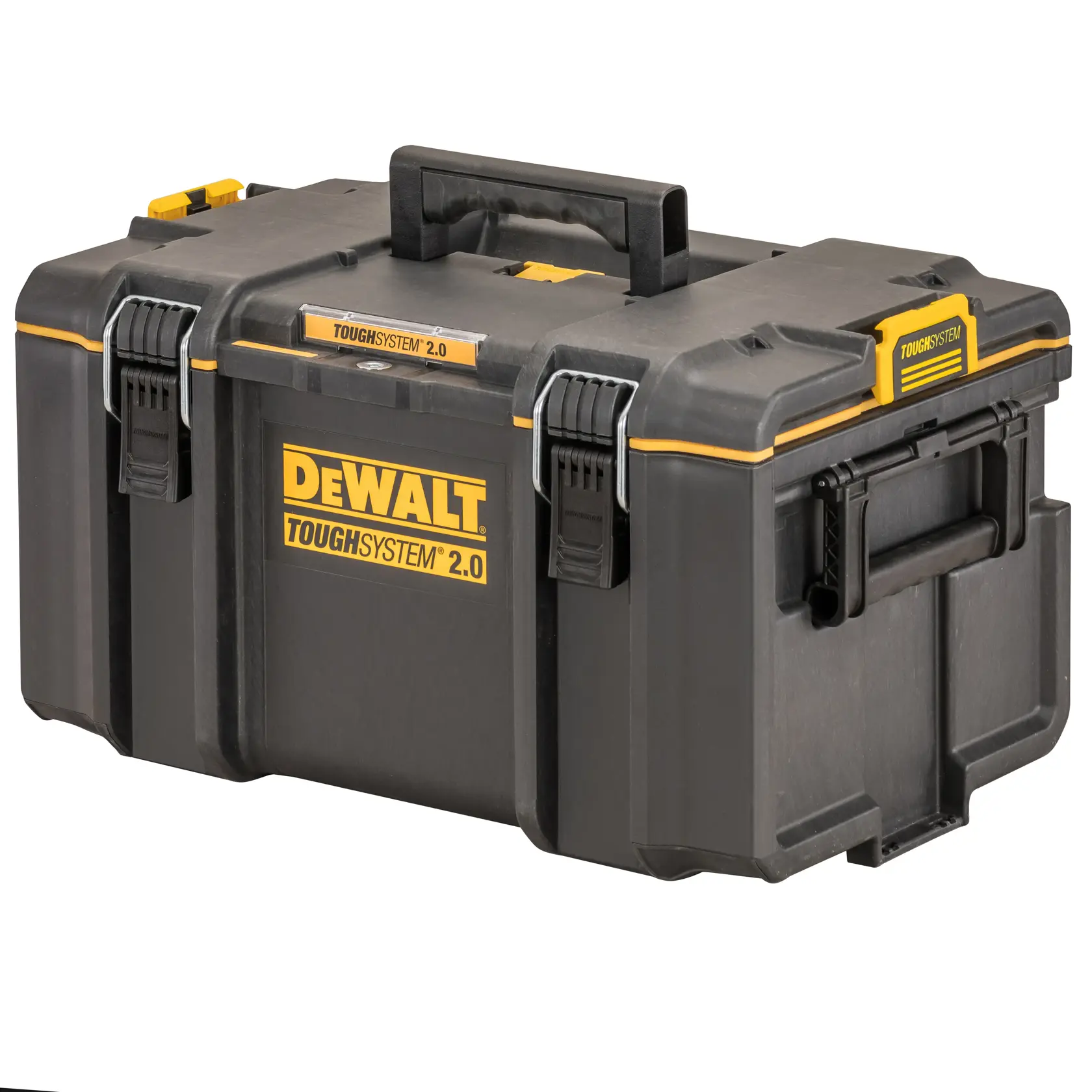 Boîte à outils DEWALT ToughSystem 2.0 noire et jaune avec poignées solides et fermetures sécurisées.