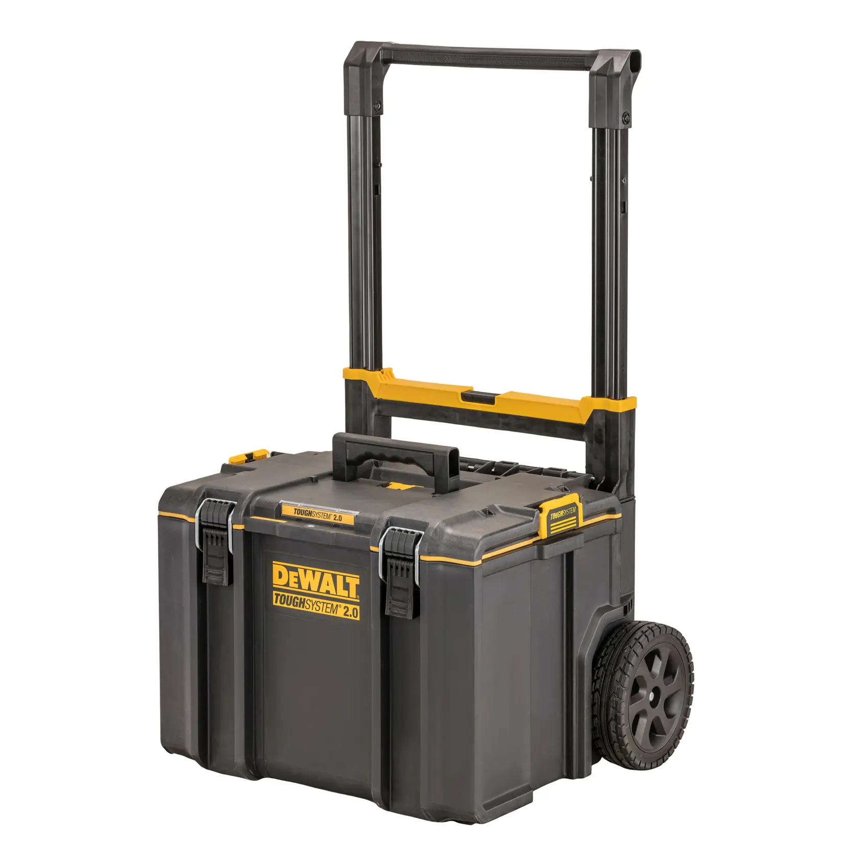 Boîte à outils DEWALT ToughSystem 2.0 noire à roues et poignée, accents jaunes, pour rangement et transport.