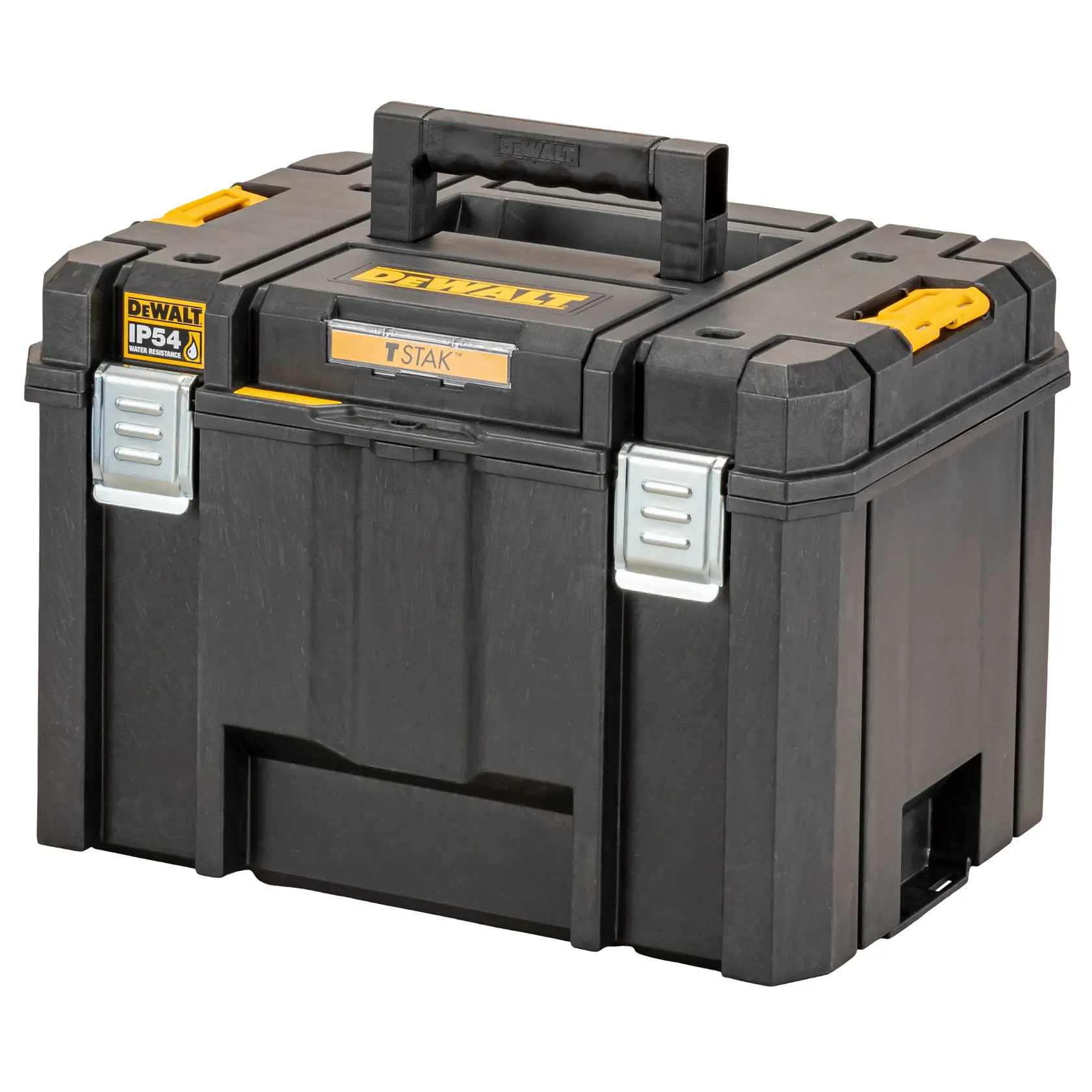 Caja de almacenamiento DEWALT TSTAK negra con detalles amarillos, asa resistente y etiqueta IP54.