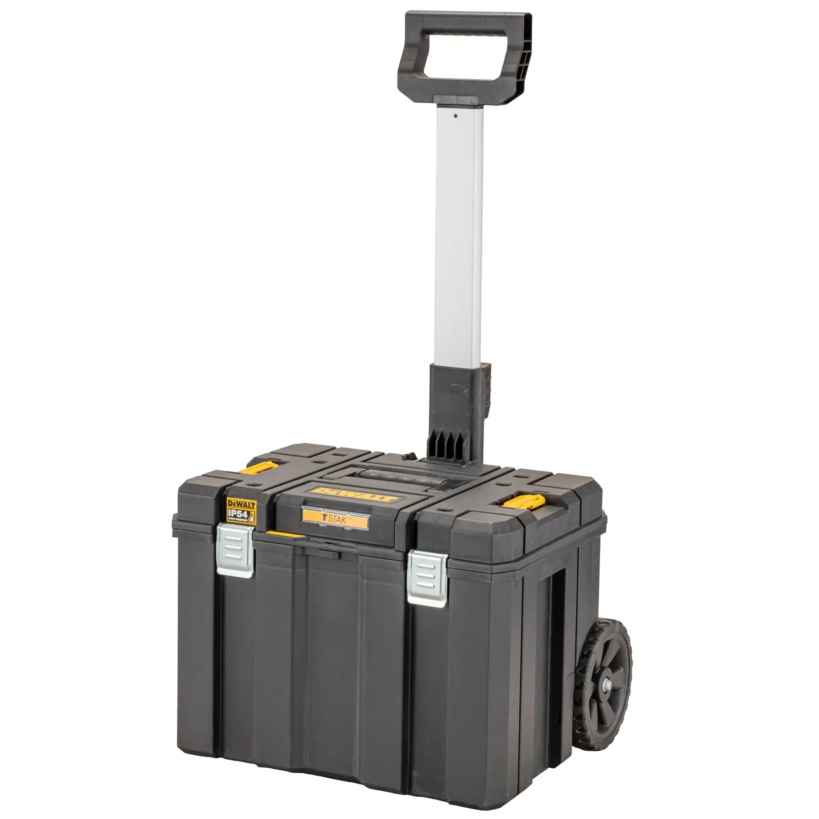 Caja de herramientas DEWALT negra con ruedas y asa, diseño robusto para almacenar y transportar herramientas.