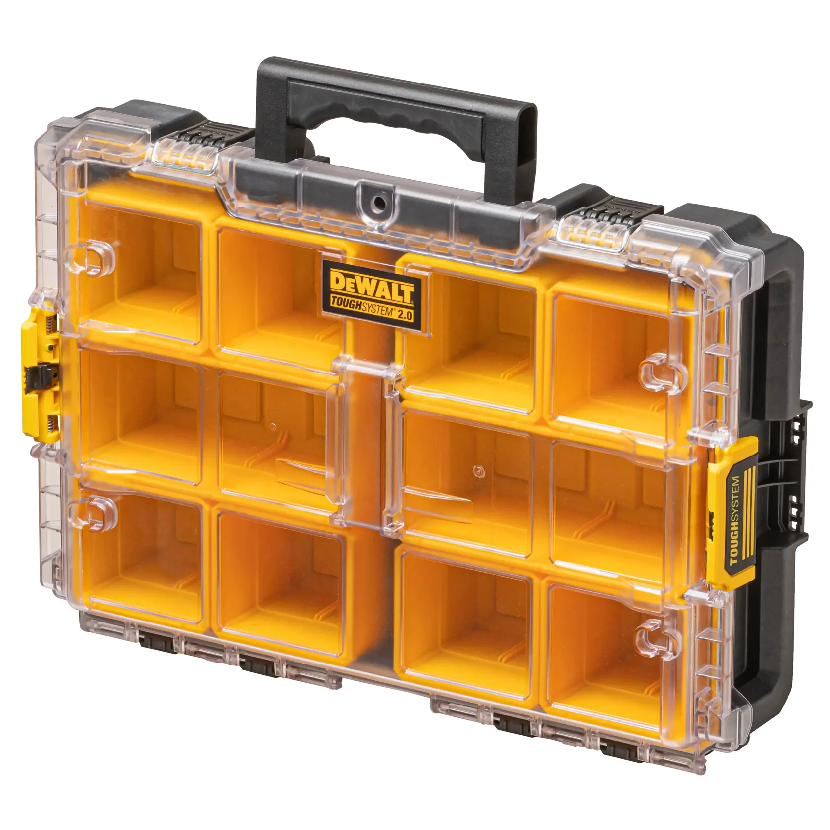 Organisateur DEWALT ToughSystem 2.0 avec couvercle transparent, compartiments jaunes et poignée noire.