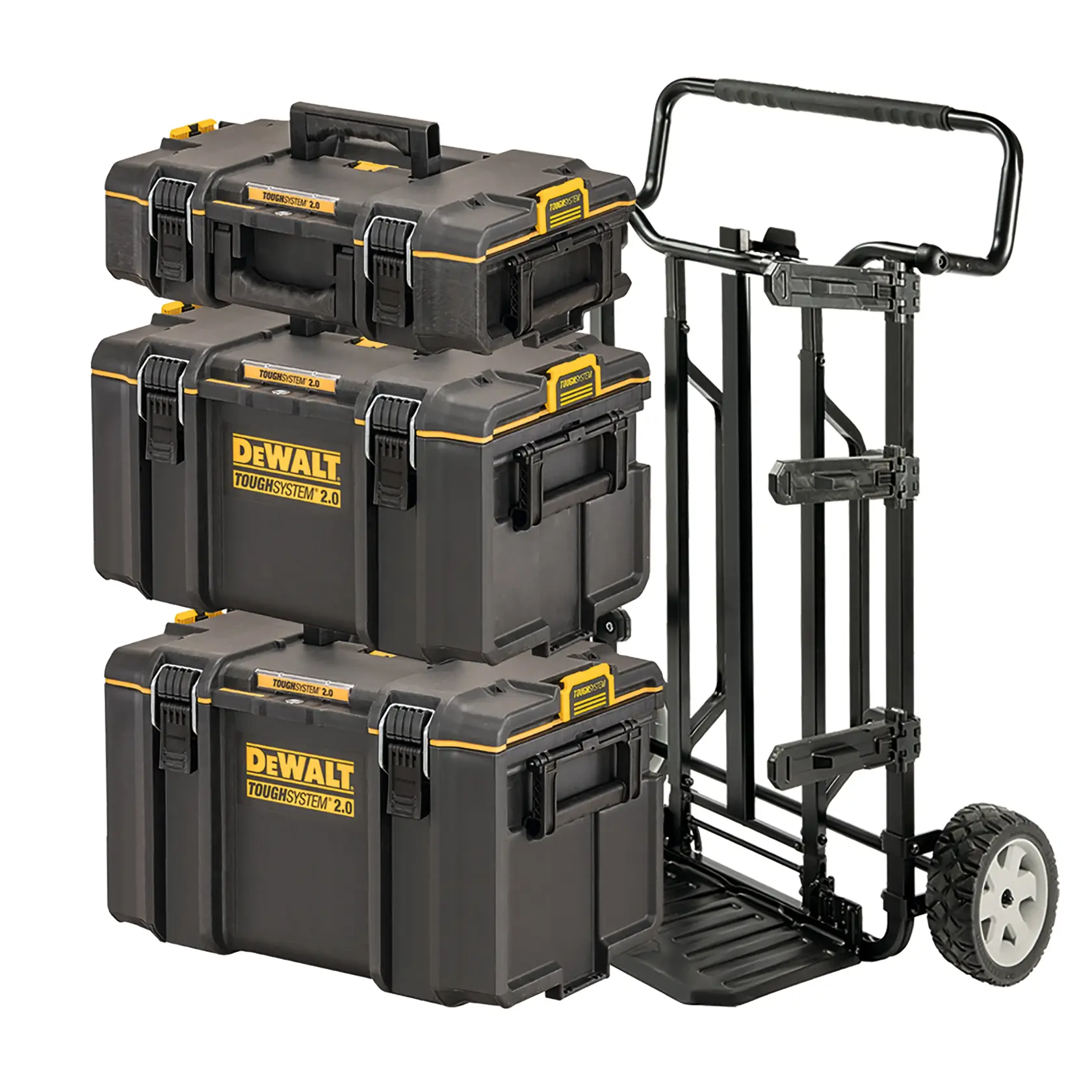 Tres cajas DEWALT ToughSystem 2.0 apiladas en un carro negro con ruedas grandes.
