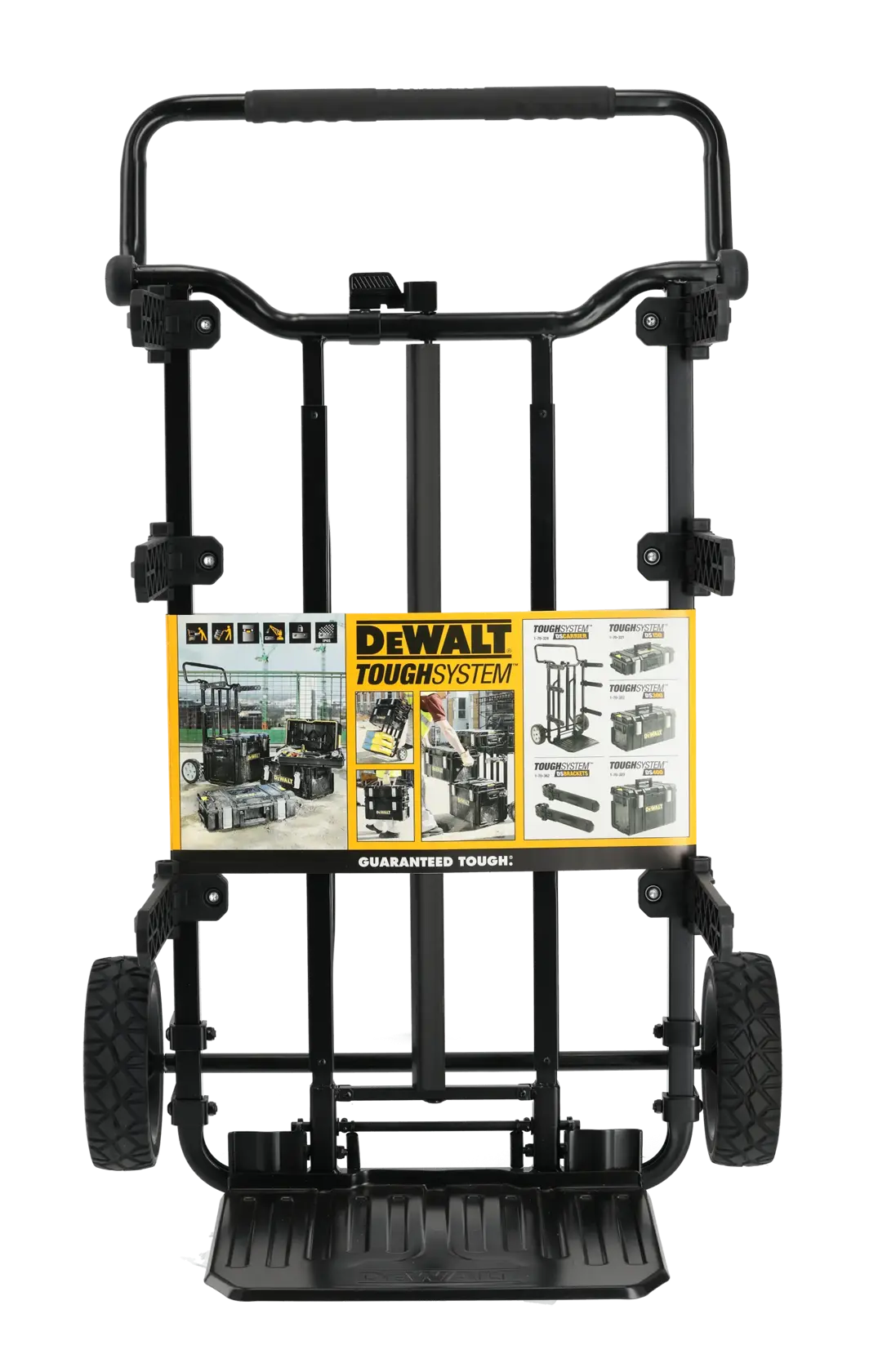 Carro DEWALT ToughSystem con ruedas grandes y asa para transportar cajas de herramientas y equipos.