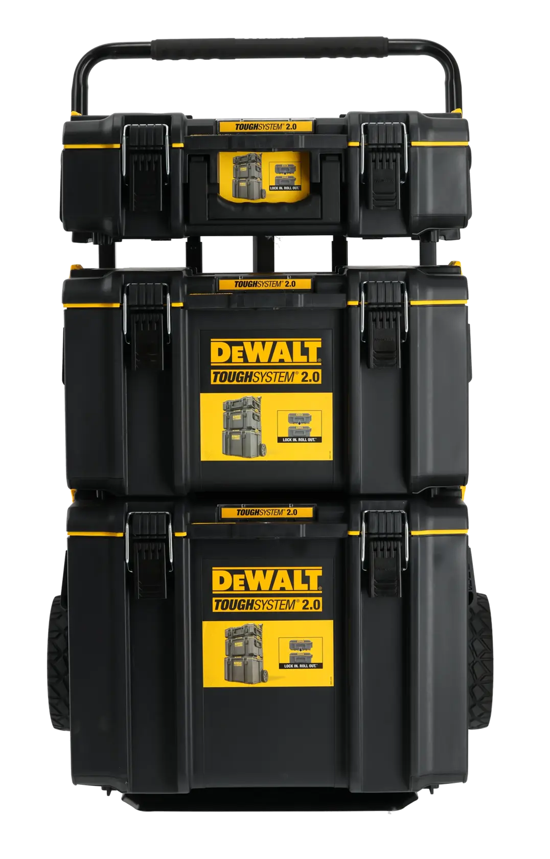 DEWALT ToughSystem 2.0 cajas de herramientas apilables con ruedas y asa, negro y amarillo.