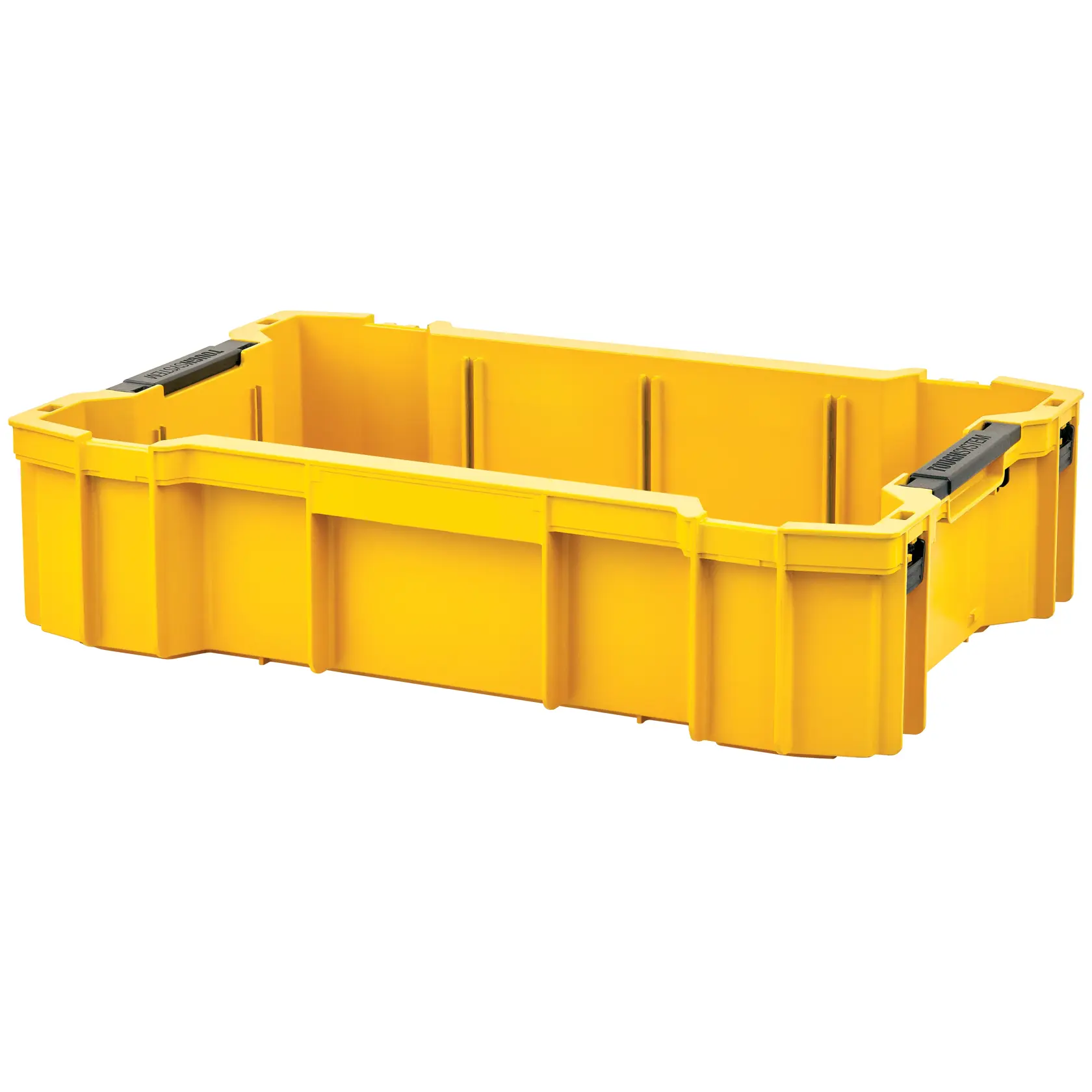 Boîte de rangement DEWALT jaune en plastique avec poignées noires, rectangulaire et empilable, montrée vide.