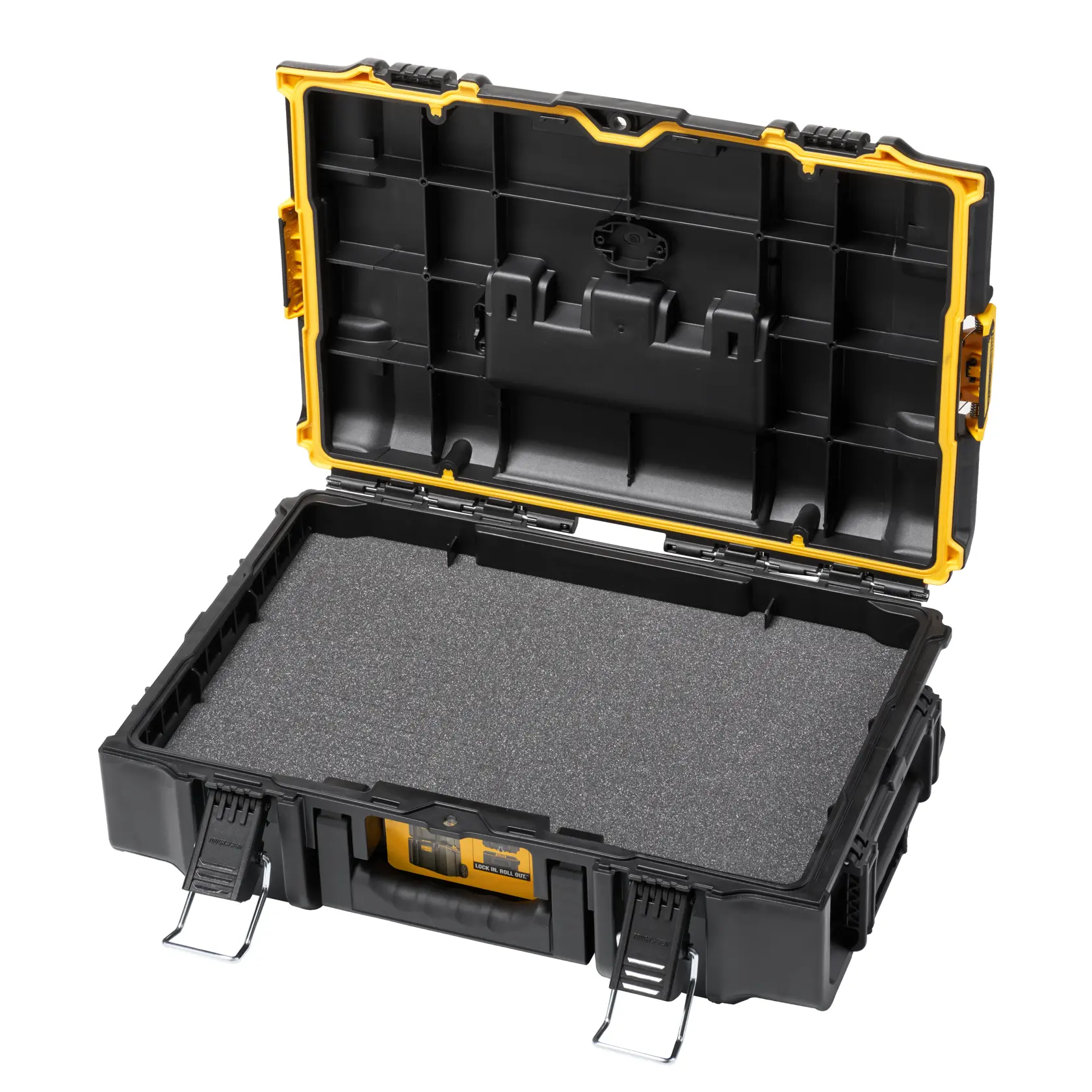 Offener DEWALT Werkzeugkoffer mit Schaum, schwarz-gelb, robust, Metallverschlüsse, für Geräteeinlagerung geeignet.