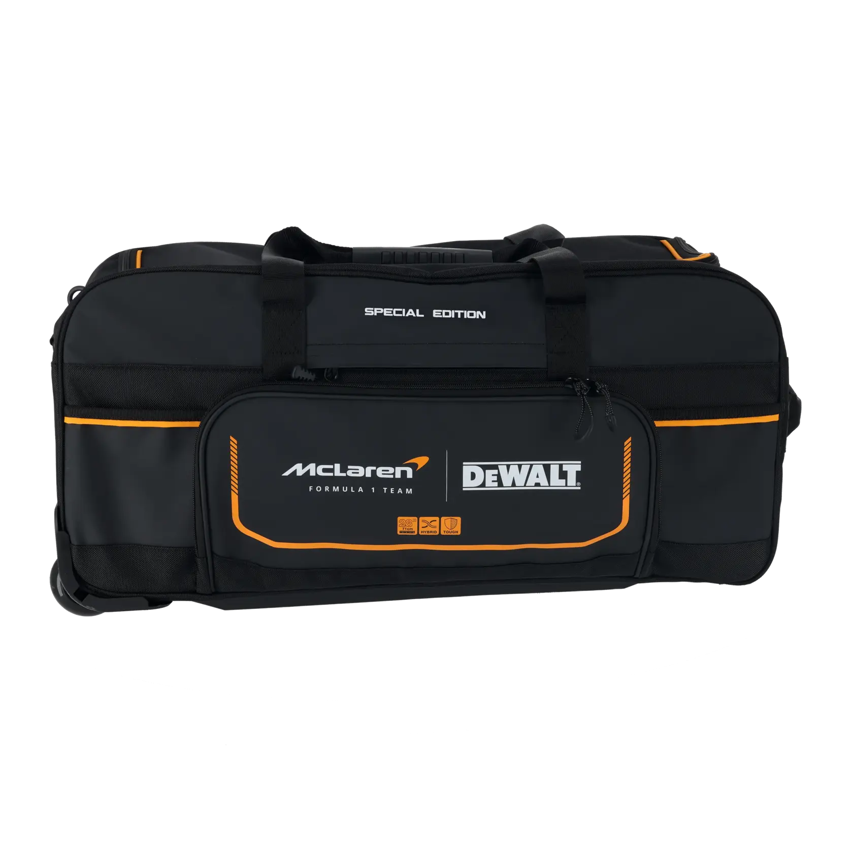 Sac à outils DEWALT noir édition spéciale avec logo McLaren, détails orange, poignées et poche zippée.