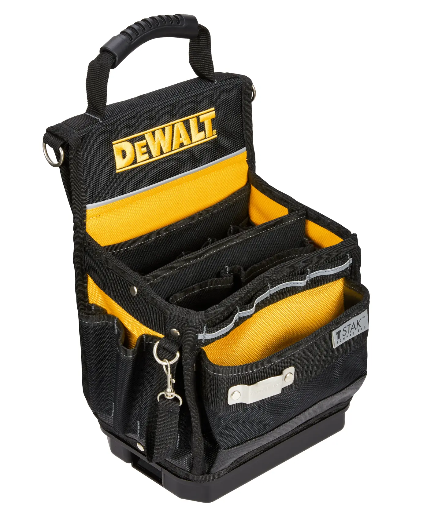 Una bolsa organizadora de herramientas DEWALT en negro y amarillo con varios compartimentos, un asa resistente en la parte superior y un clip metálico en la parte frontal. La bolsa está diseñada para guardar y transportar herramientas y accesorios.