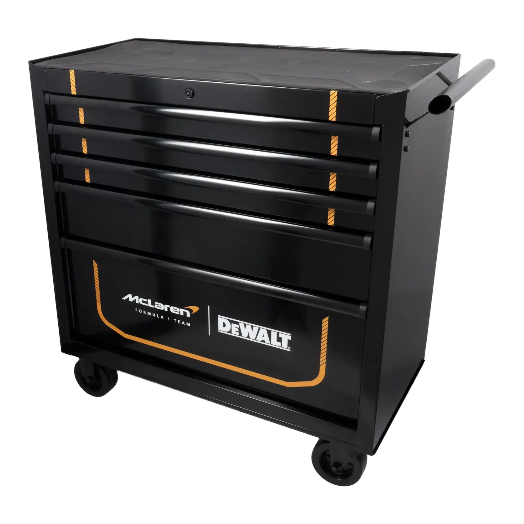 Caja negra Dewalt para herramientas, con McLaren, varios cajones, ruedas y asa para mover.