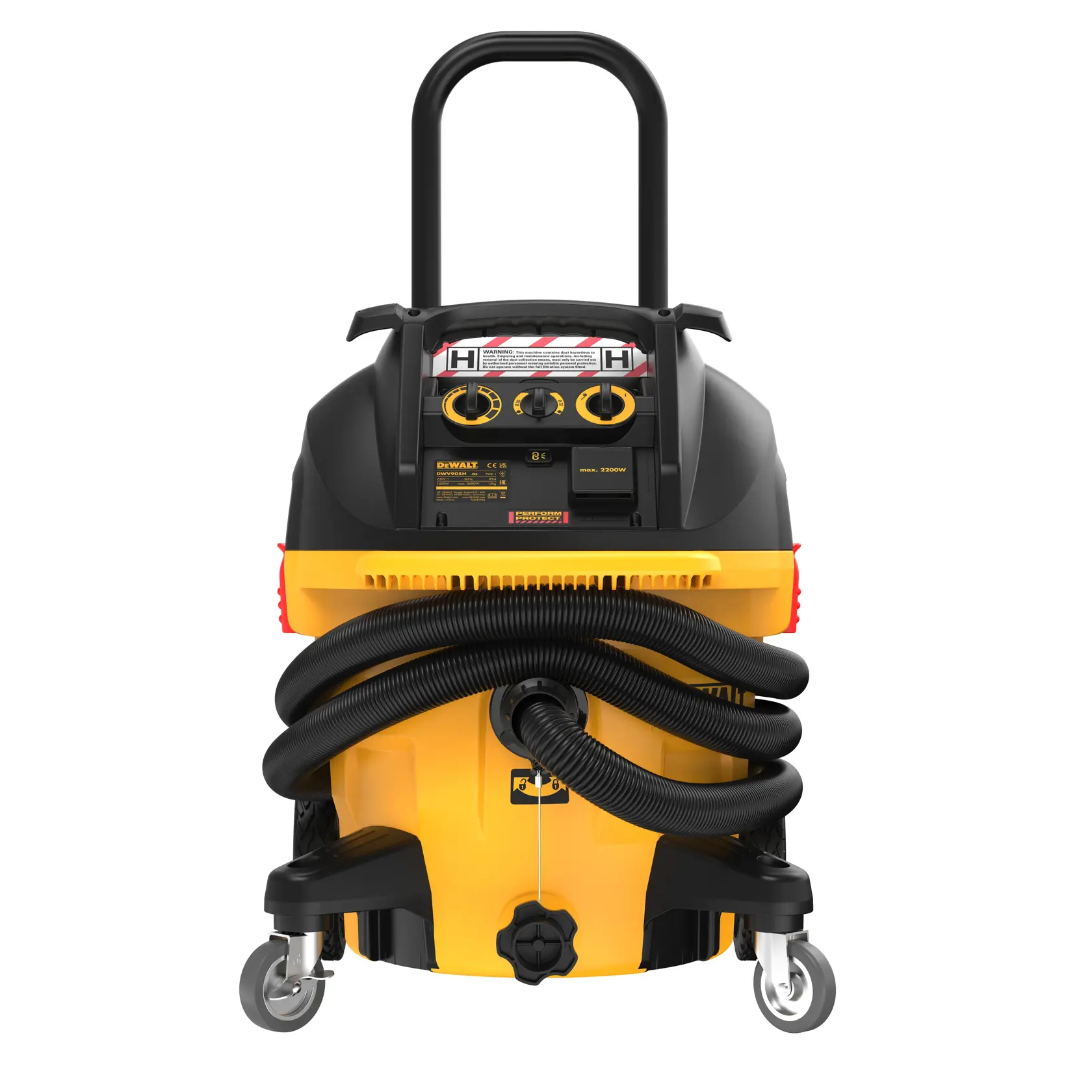 Vorderansicht eines DEWALT DWV905H Industriestaubsaugers mit gelber und schwarzer Gehäuse, großem Griff, Rädern, Bedienfeld und angeschlossenem gewickeltem Schlauch.