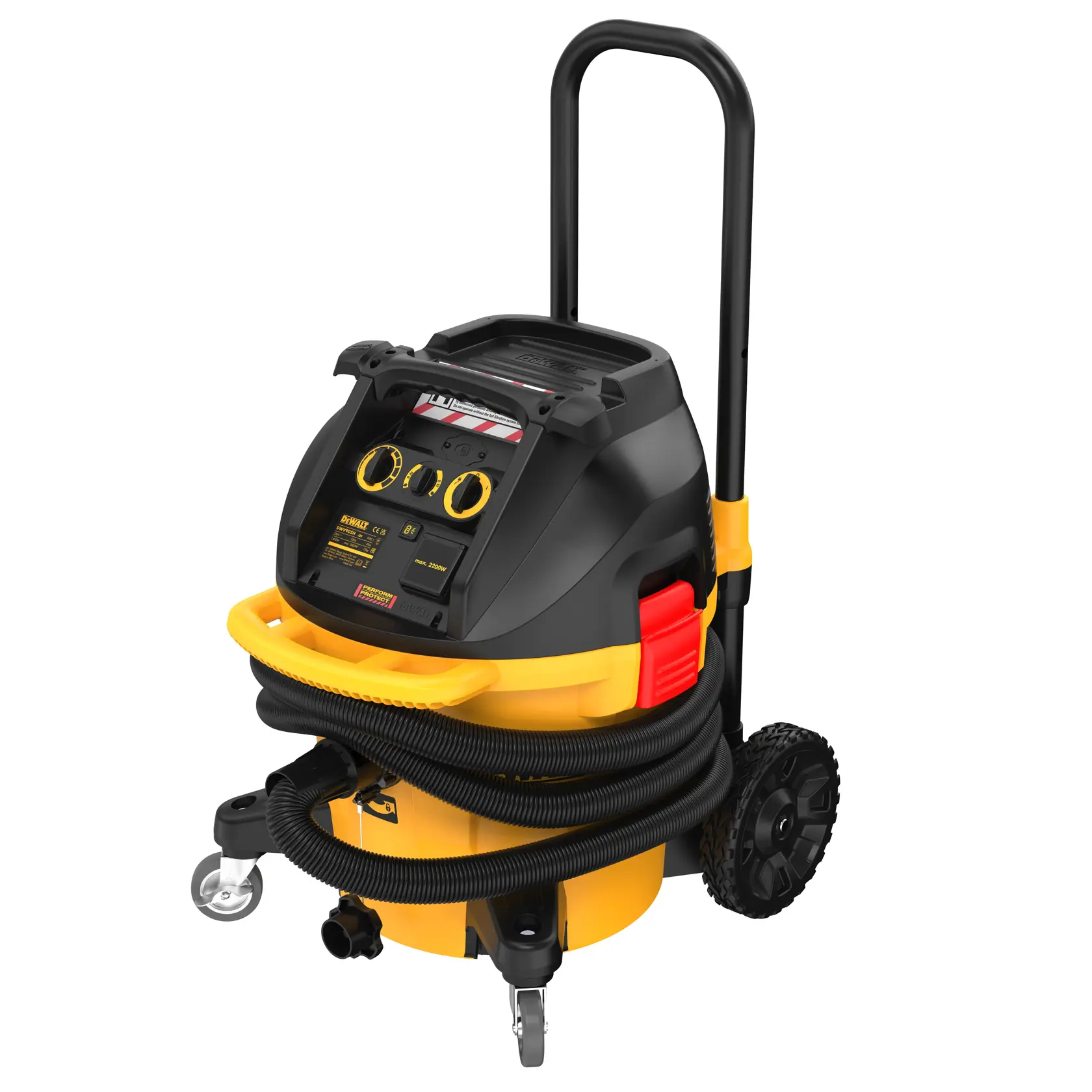 Ein DEWALT DWV905H Industriestaubsauger für Nass- und Trockenreinigung mit einem schwarz-gelben Gehäuse, Rädern, einem Griff für den Transport und einem Schlauch, der vorne um das Gerät gewickelt ist.