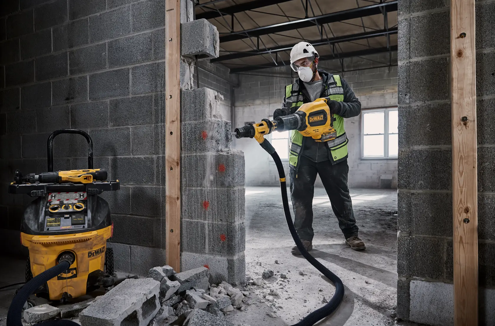 Arbeiter nutzt DEWALT DWV905H Sauger und Bohrer zum Abriss einer Betonwand auf Baustelle.