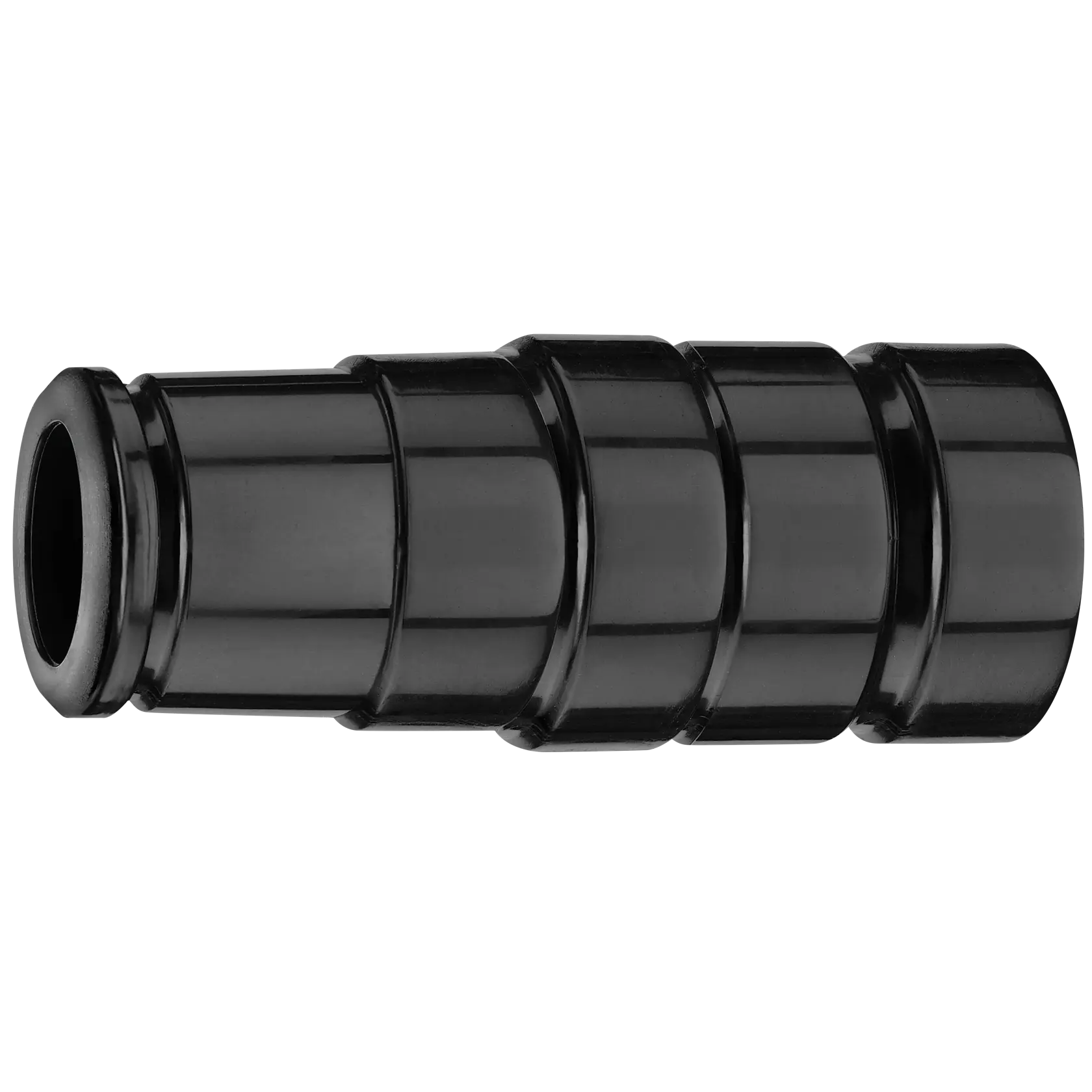 Conector de plástico negro con ranuras, sirve para unir mangueras o tubos.