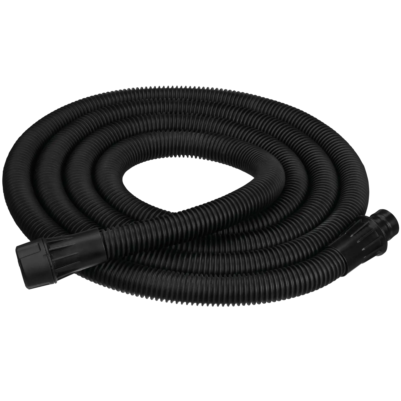 Una manguera corrugada negra enrollada con conectores en ambos extremos, normalmente utilizada como accesorio para aspiradoras o sistemas de extracción de polvo.