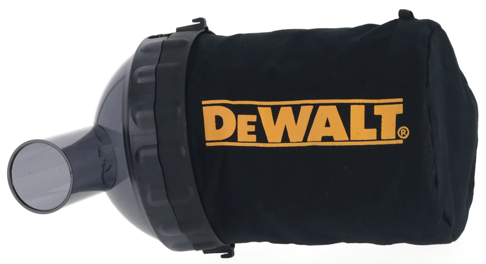 Una bolsa de recolección de polvo de la marca DEWALT con una boquilla de plástico, diseñada para usar con herramientas eléctricas.