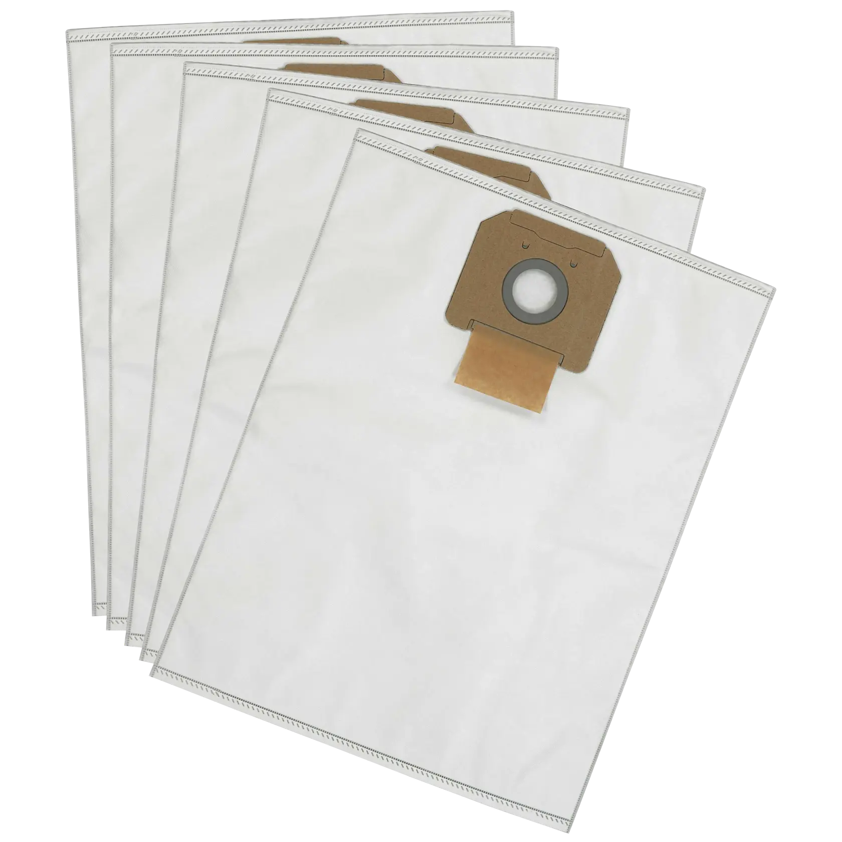 Lot de cinq sacs à poussière DEWALT pour aspirateurs, superposés et en tissu blanc.