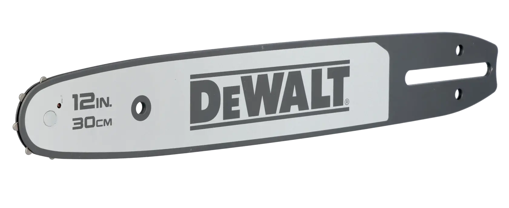 Guide-chaîne DEWALT 12 pouces (30 cm) avec logo, présenté sur fond blanc.