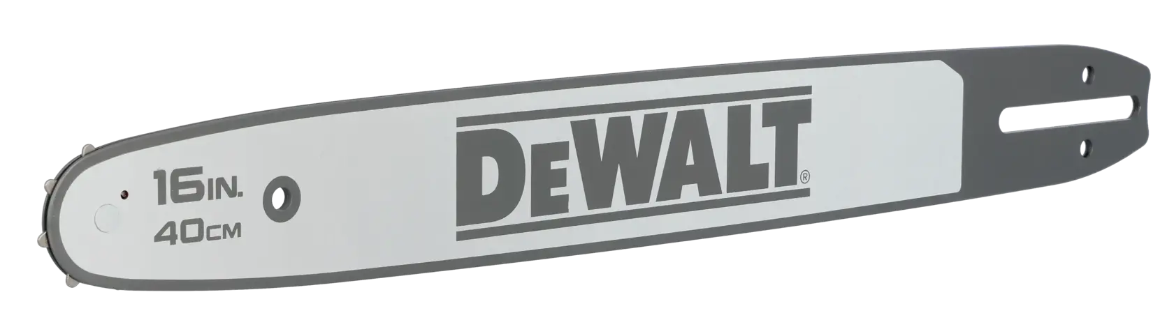 Guide-chaîne DEWALT 16 pouces (40 cm) gris avec logo noir, pour usage professionnel et DIY.